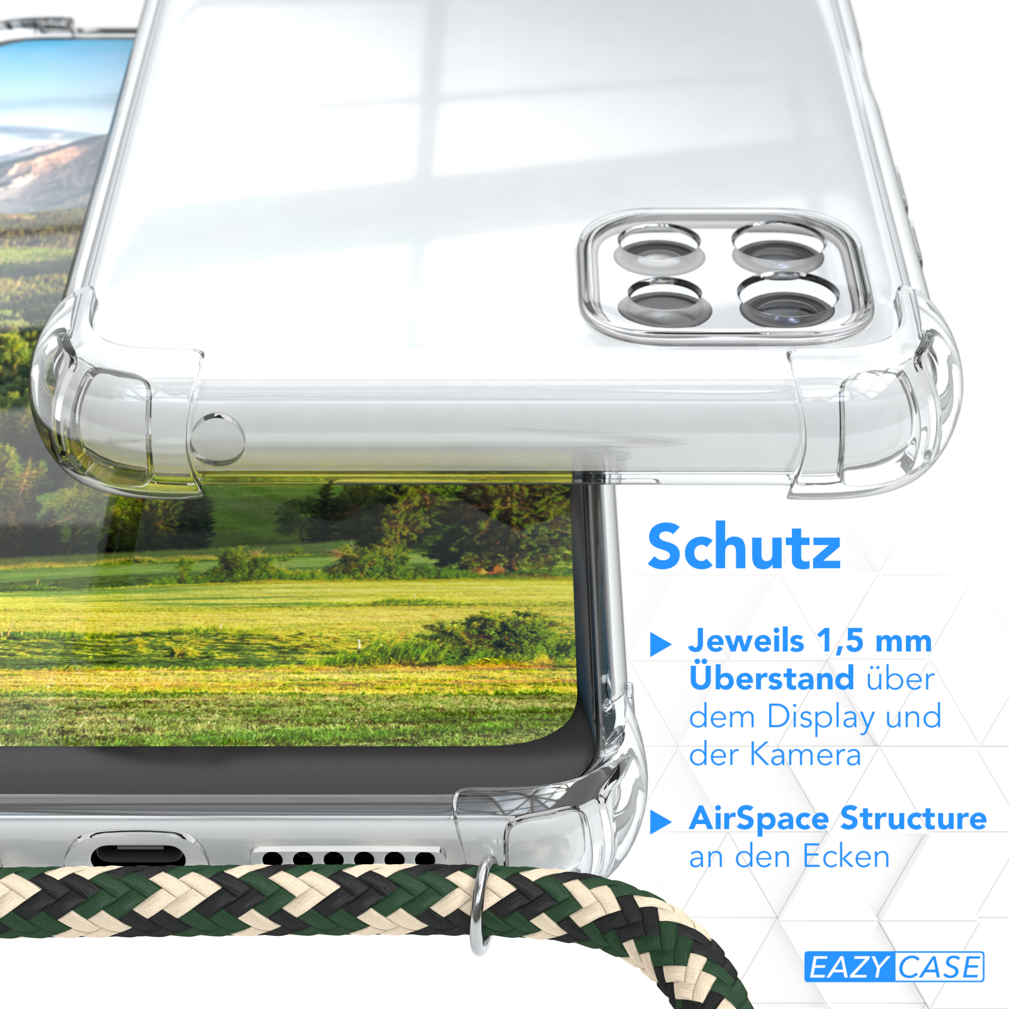 EAZY CASE Clear Cover mit Grün / Umhängetasche, Galaxy 5G, Samsung, Gold Umhängeband, A22 Camouflage Clips