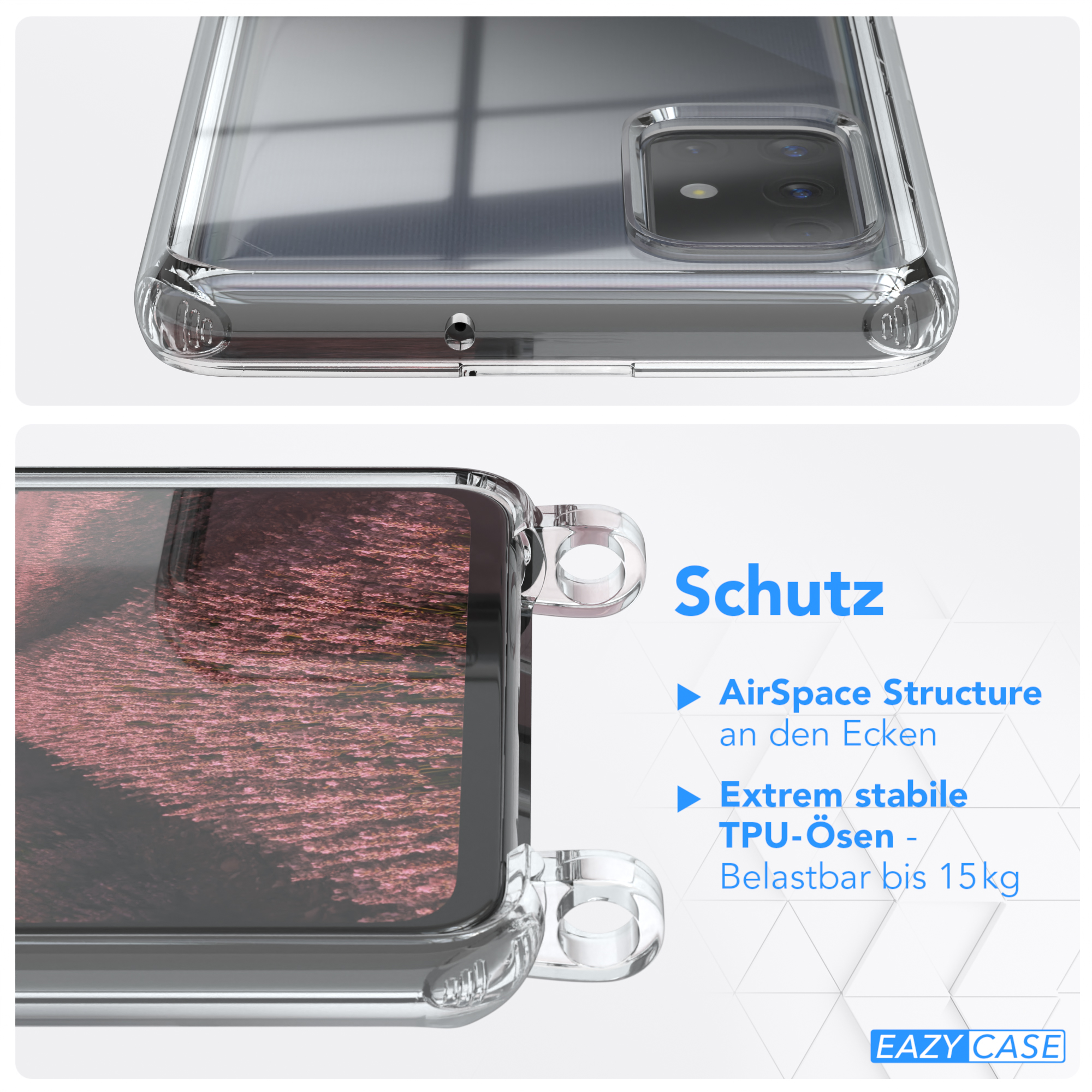 Clips Umhängetasche, EAZY Cover Silber A51, Rosé Galaxy CASE / Umhängeband, Samsung, Clear mit