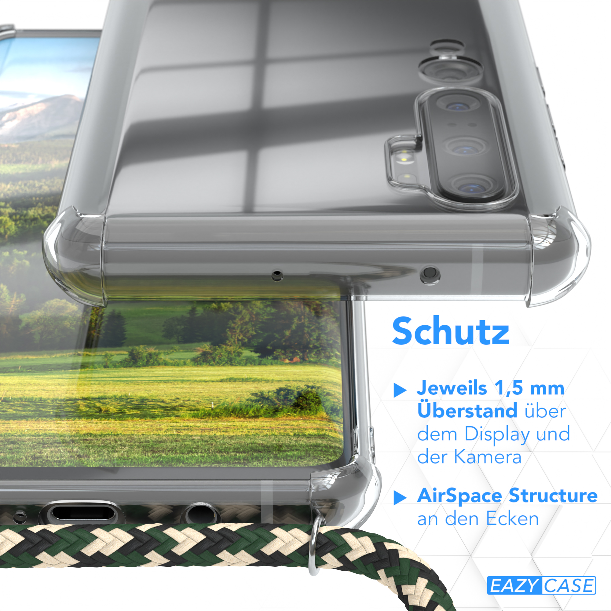 Transparente Handyhülle, Kamera und Ecken zeigend. Schutzdesign mit deutschem Text.