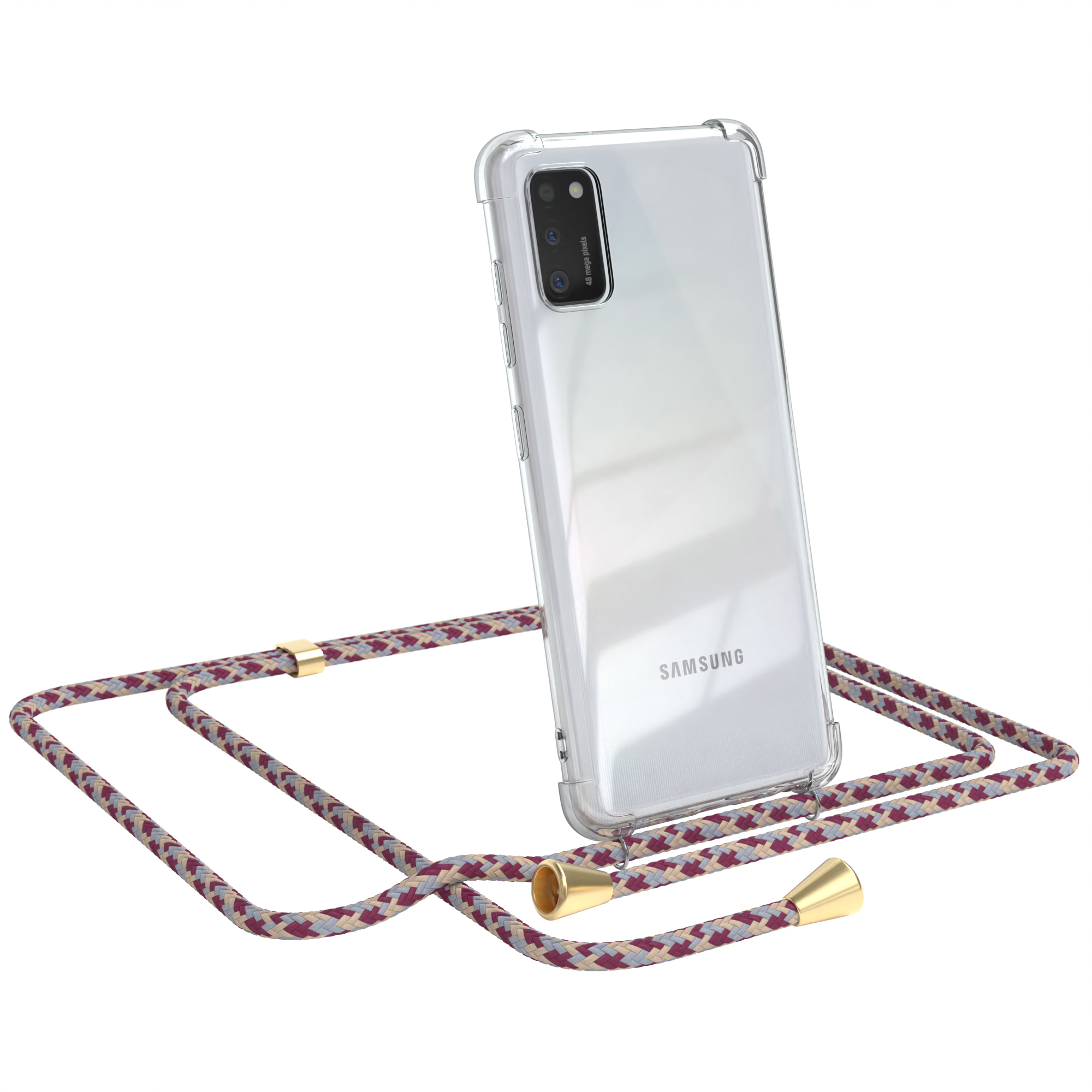 Transparente Handyhülle mit Handy. Telefon hat Kameras und weinroten Gurt.