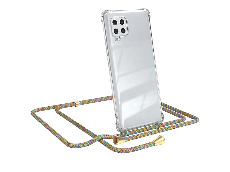 EAZY CASE Clear Cover mit Umhängeband, Umhängetasche, Samsung, Galaxy A42 5G, Bunt / Clips Gold