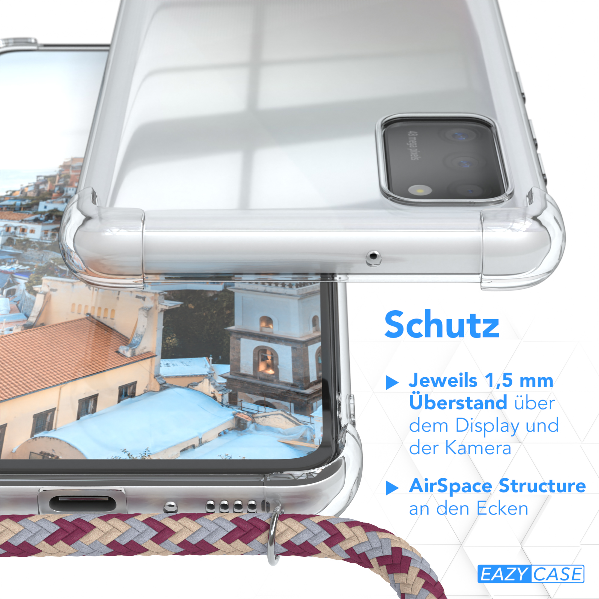 Handyhülle mit Lanyard, Nahaufnahme. Gebäude und Stadt im Hintergrund.