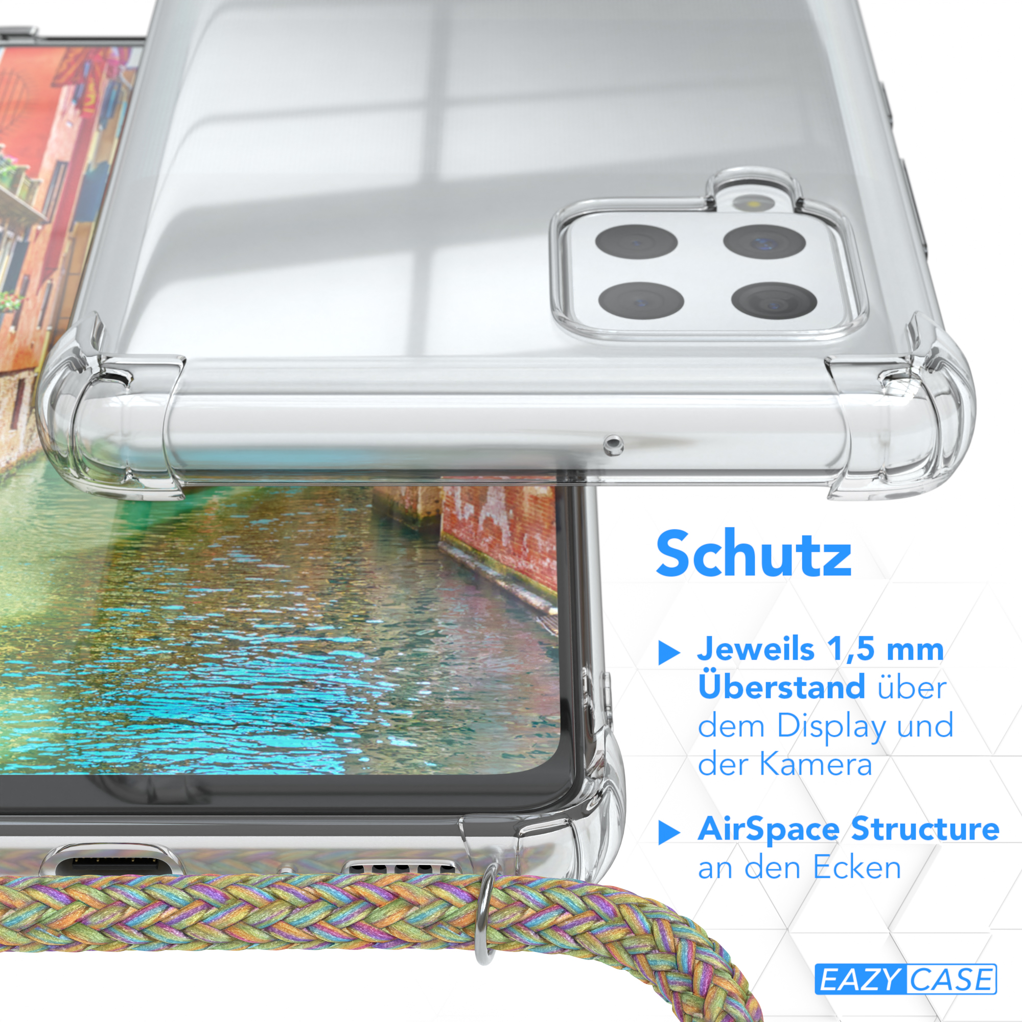 Nahaufnahme einer Handyhülle mit Schutzeigenschaften und unscharfem Kanalhintergrund.