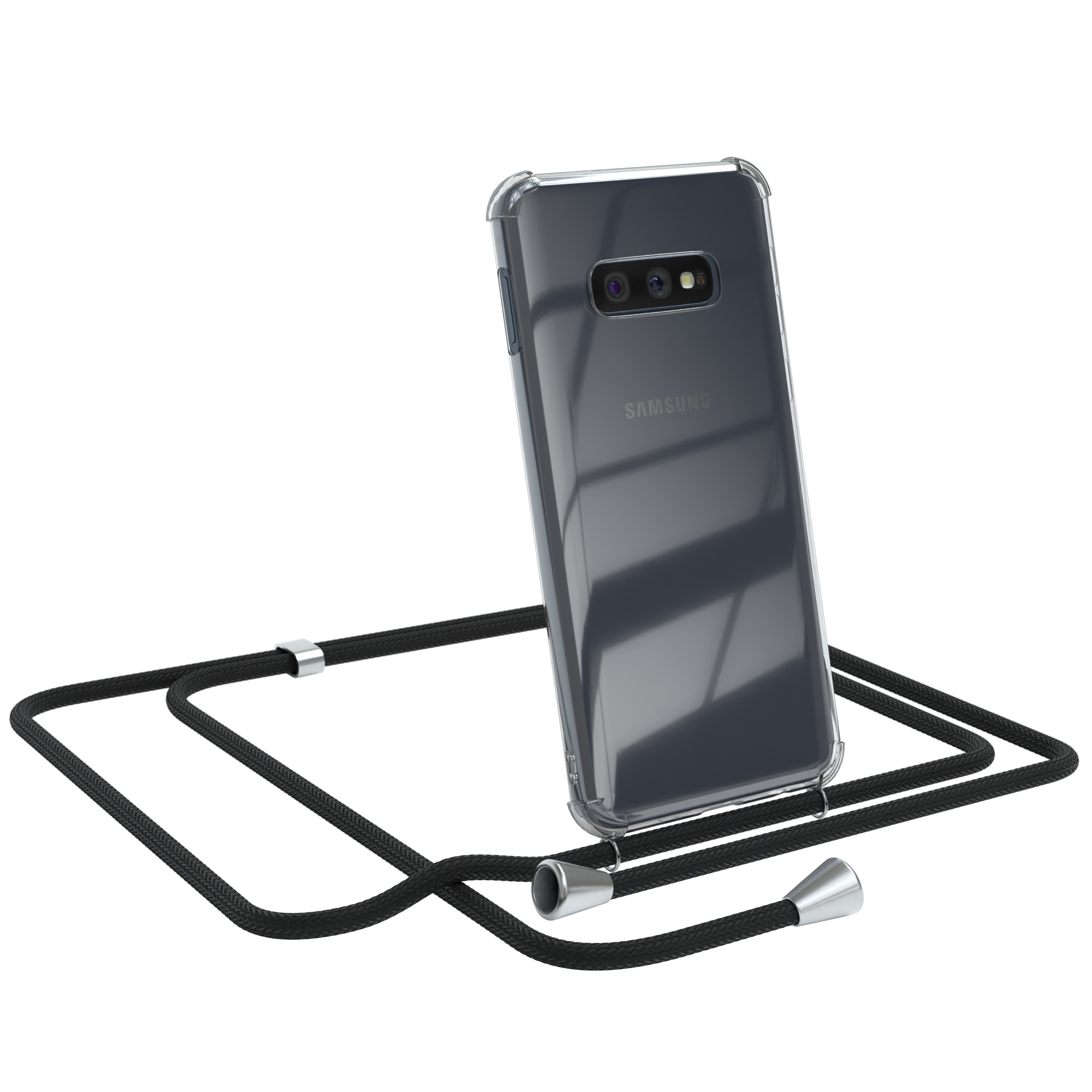 Transparente Handyhülle mit Telefon und schwarzem Umhängeband auf weißem Grund.