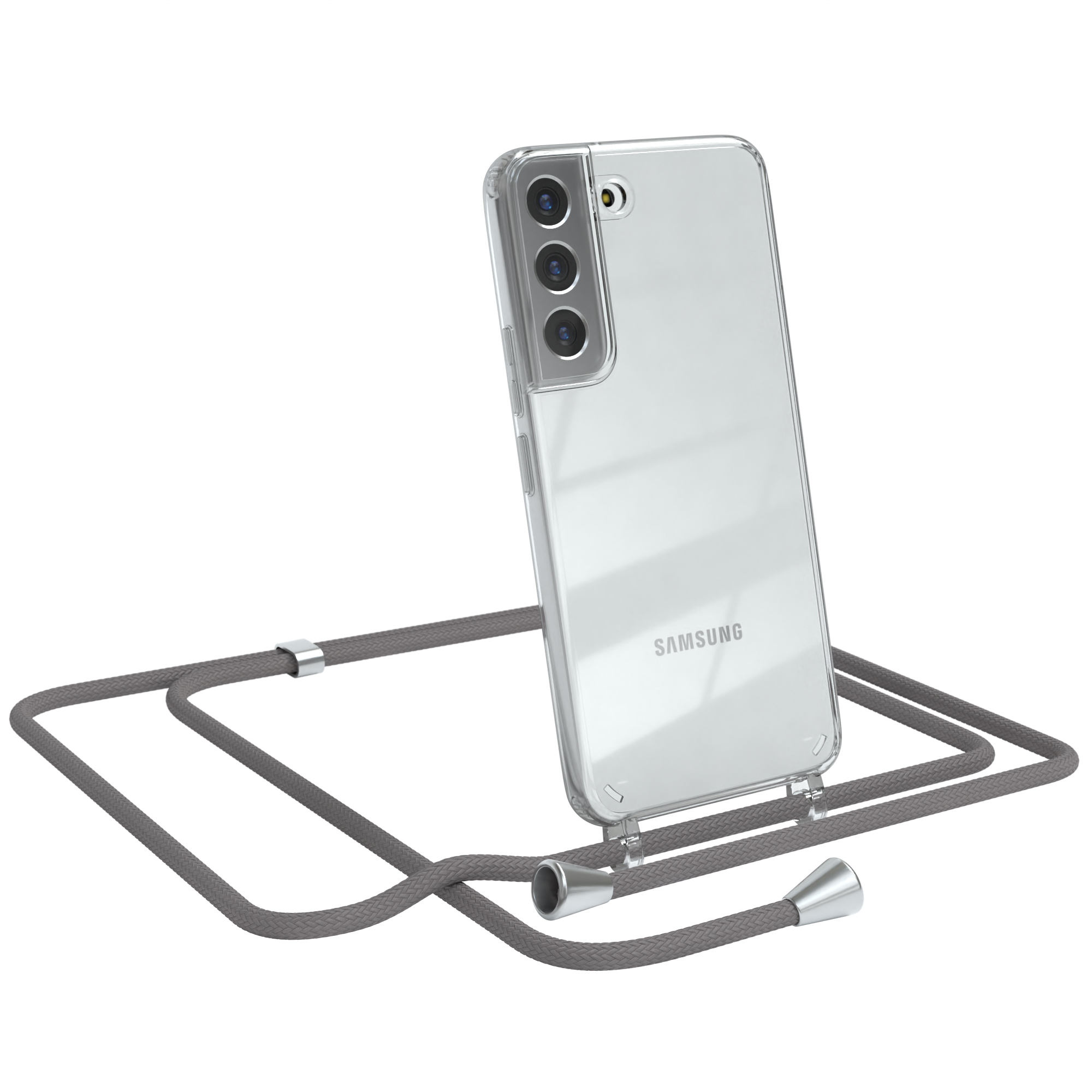 Telefon in klarer Hülle mit grauem Kabel. Telefon abgewinkelt. Weißer Hintergrund.