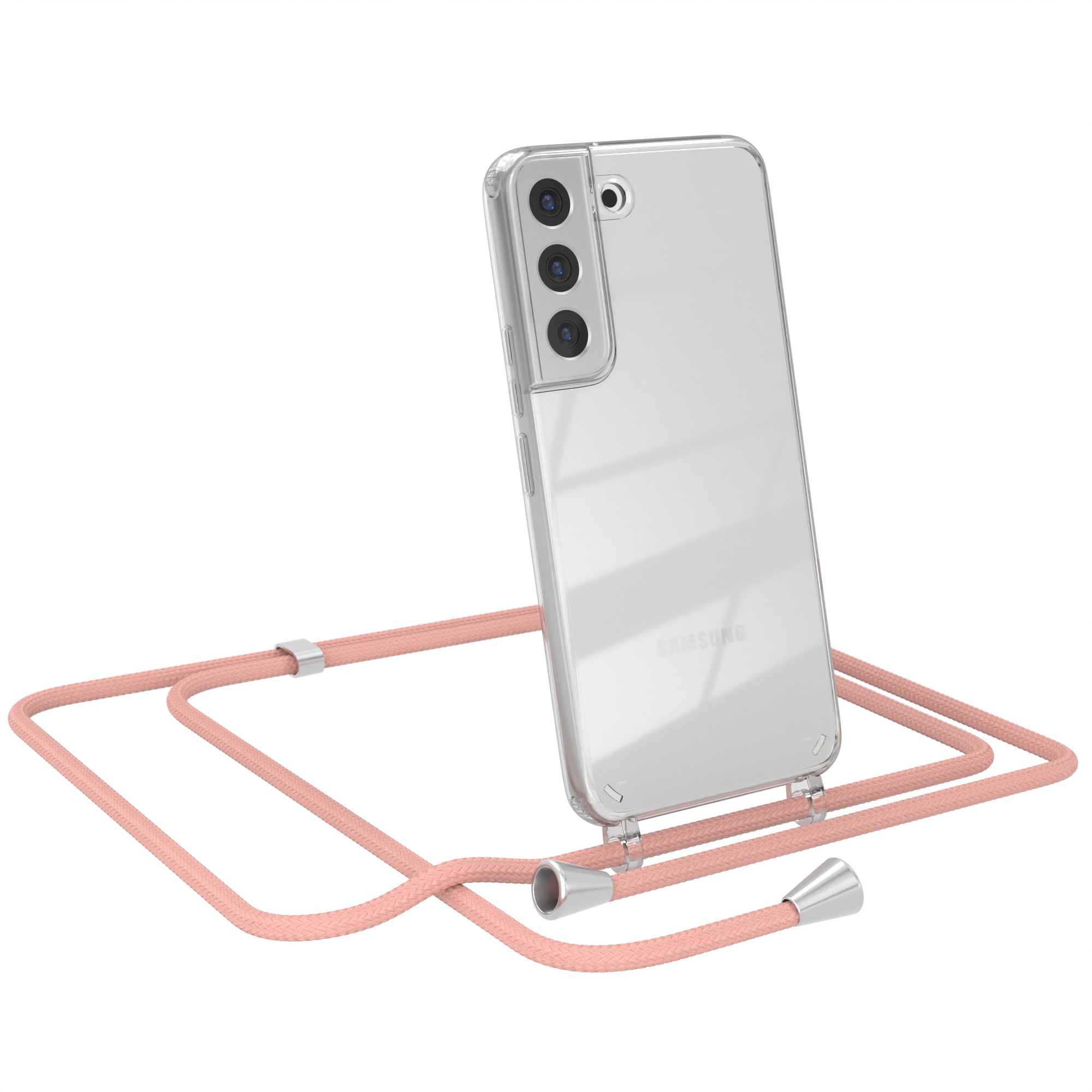 Transparente Handyhülle mit pinkfarbenem Kordel. Abgewinkeltes Telefon mit Samsung-Logo. Silberne Enden.