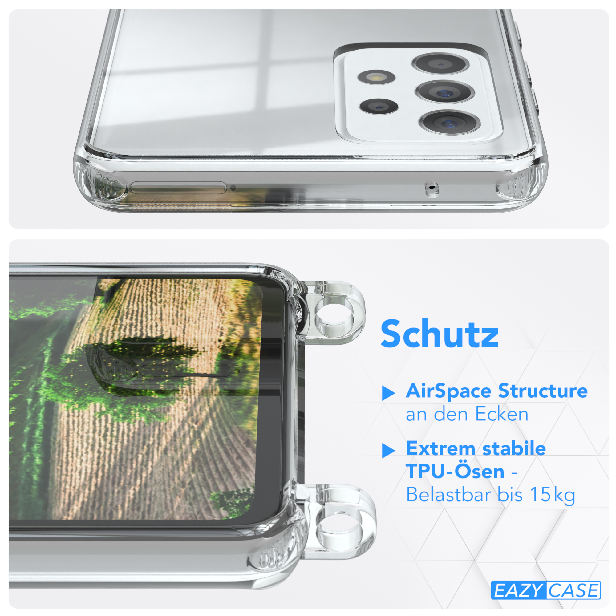 Nahaufnahme einer transparenten Handyhülle mit grauem Hintergrund. Text: AirSpace Structure und TPU-Ösen.