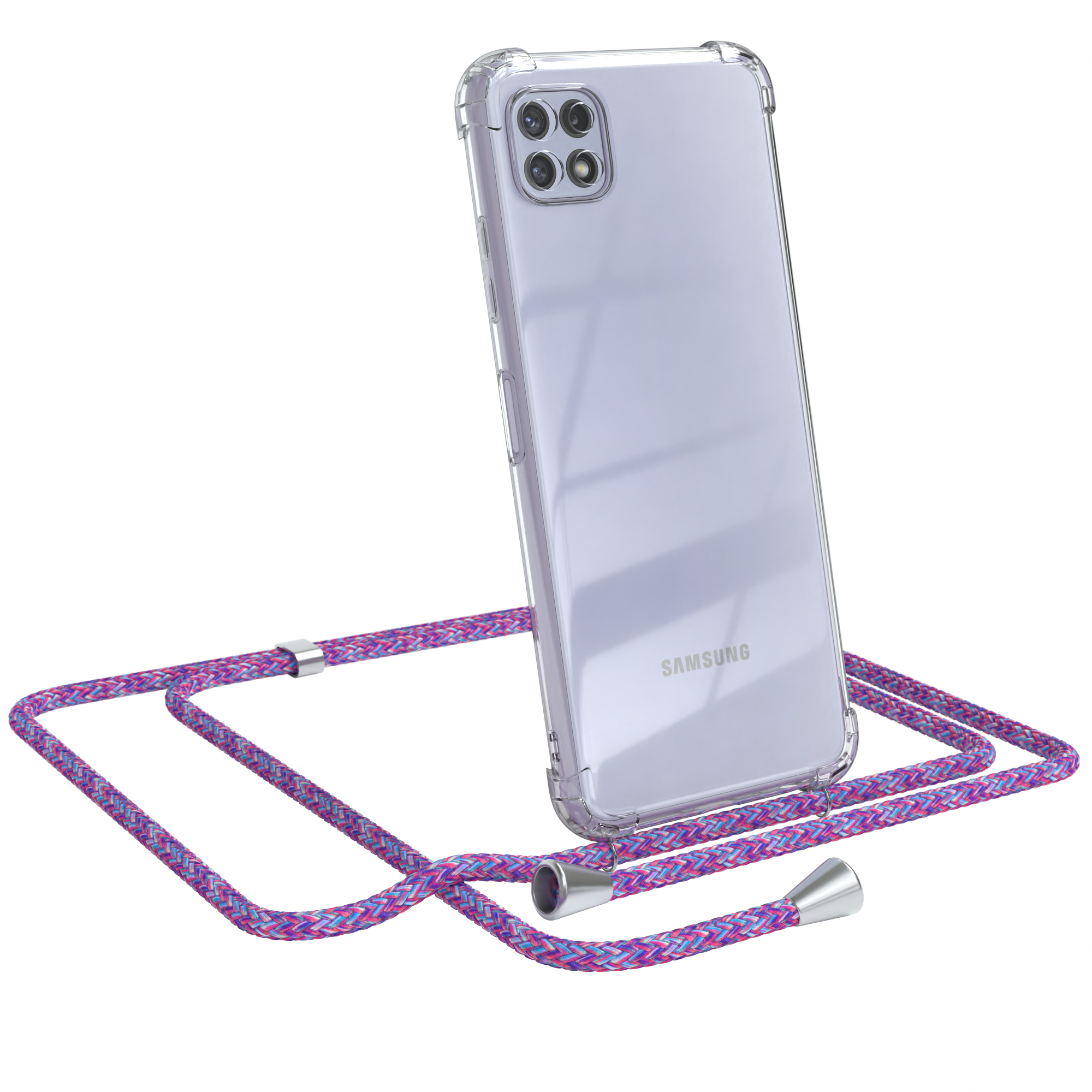 Transparente Handyhülle mit lila Band. Ein Samsung-Logo ist sichtbar.