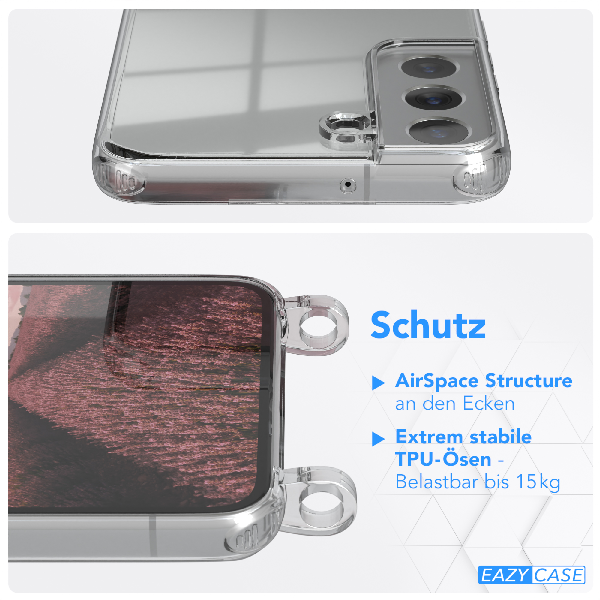 Transparente Handyhülle, Text: Schutz, AirSpace Structure und Extrem stabile TPU-Ösen. Handyhülle mit Kameradetail.
