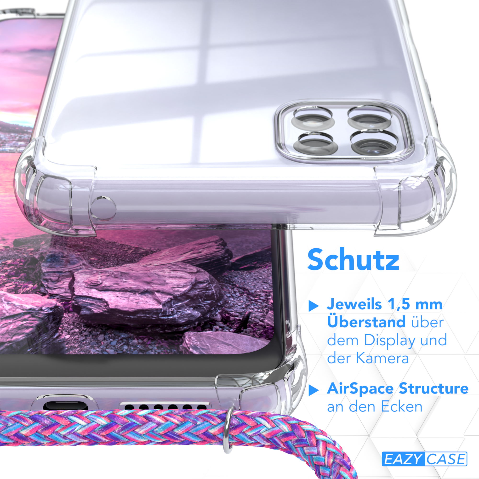 Klare Handyhülle-Details, mit Text: Schutz, AirSpace Structure, 1,5 mm Display-Abdeckung.