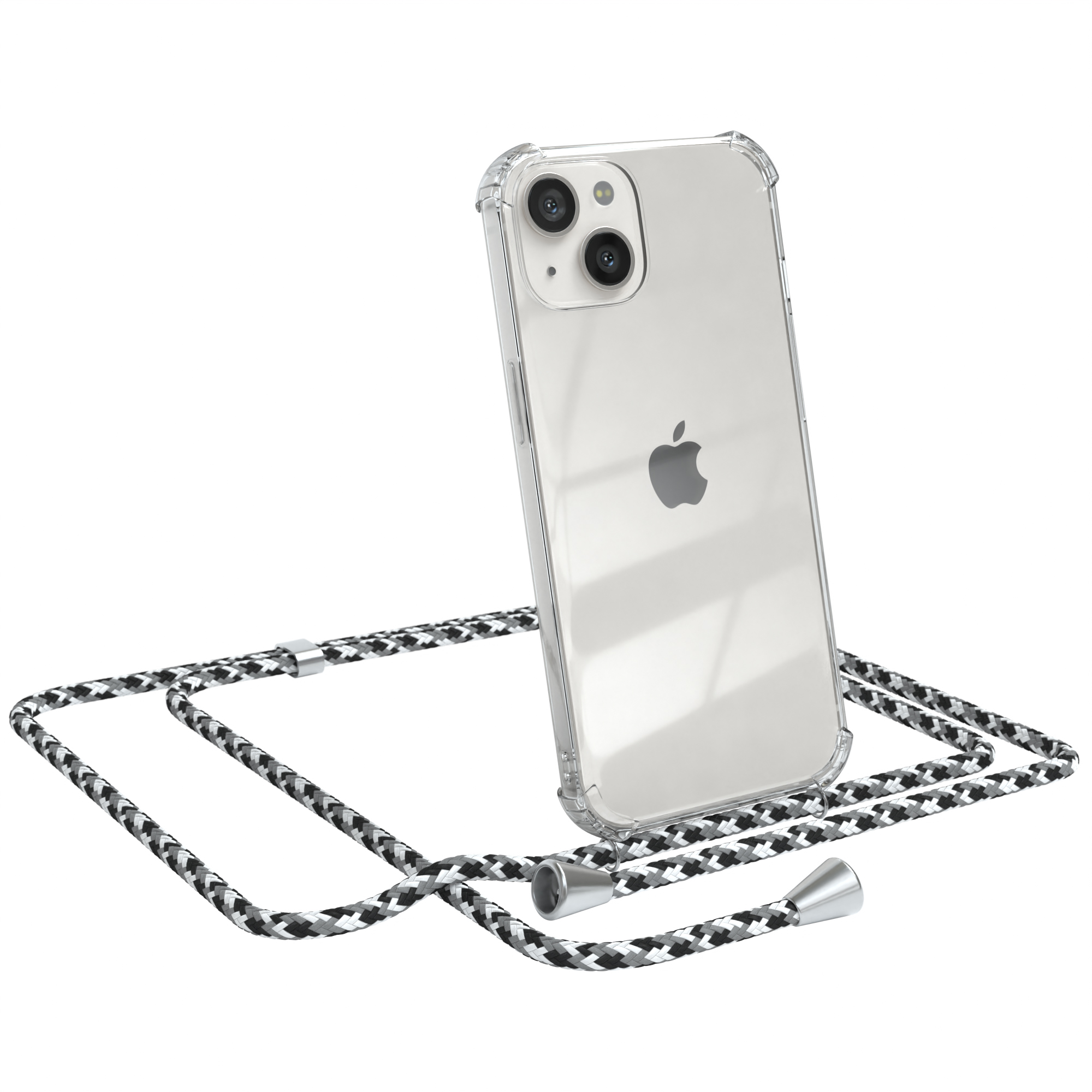 Transparente Handyhülle mit schwarz-weißem Band. iPhone darin, weißer Hintergrund.