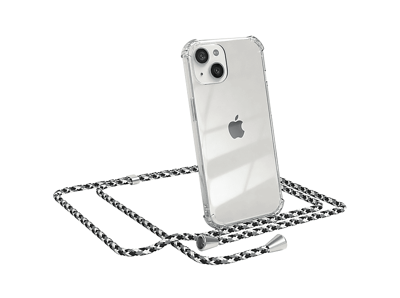 EAZY CASE Clear Cover mit Umhängeband, Umhängetasche, Apple, iPhone 13, Schwarz Camouflage / Clips Silber