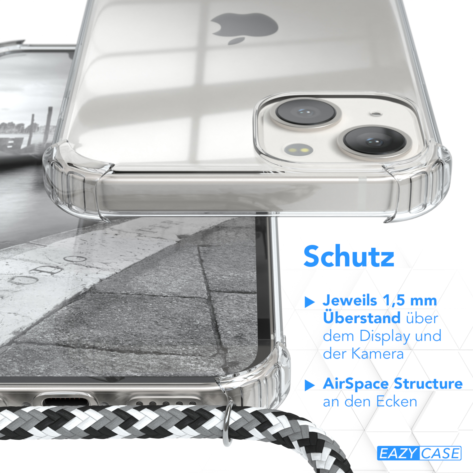 Klare Handyhülle. Nahaufnahme zeigt Details einschließlich Kamera und Eckenschutz. Sie ist transparent.