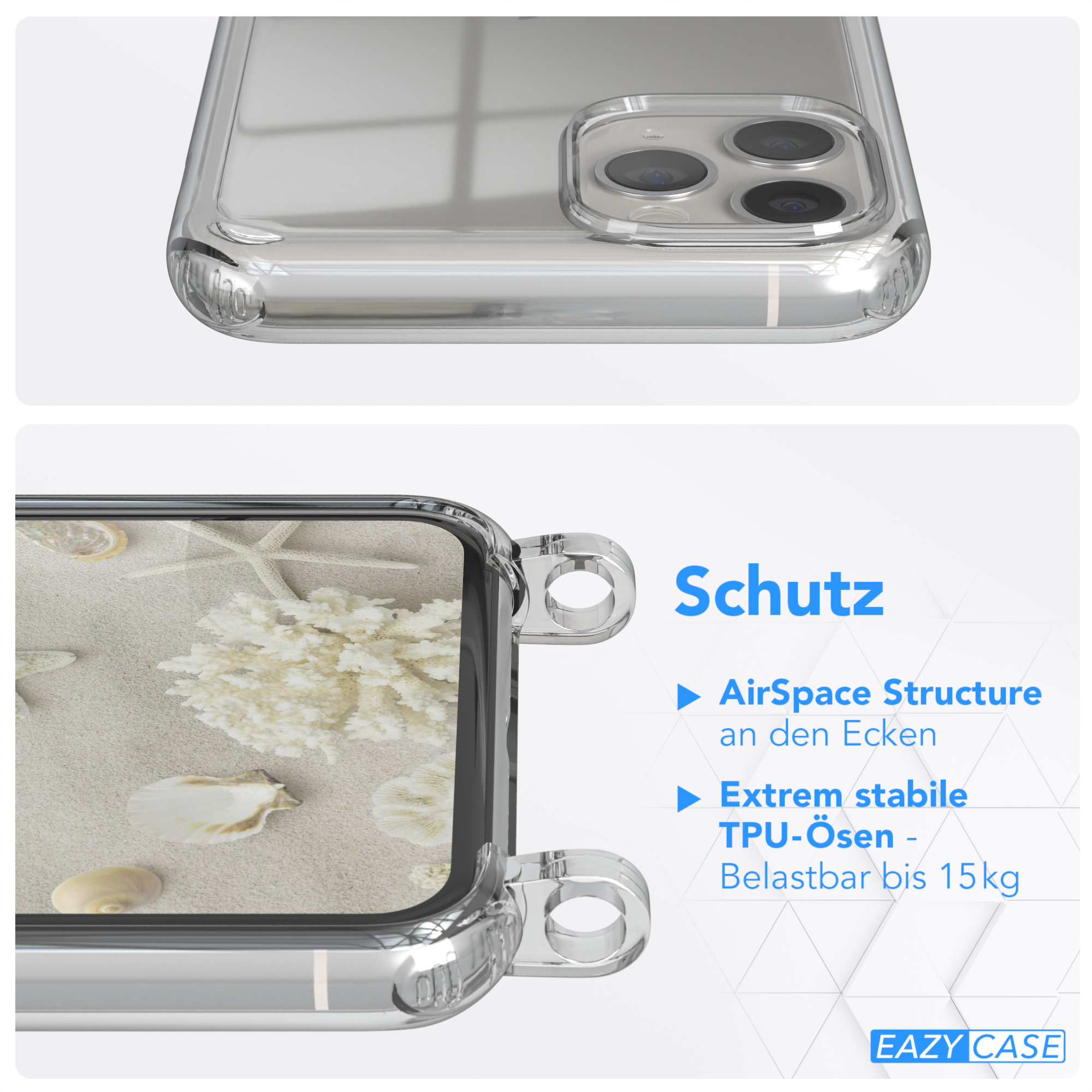 Transparente Handyhülle mit Sand- und Muschelhintergrund. Fokus auf AirSpace Structure.