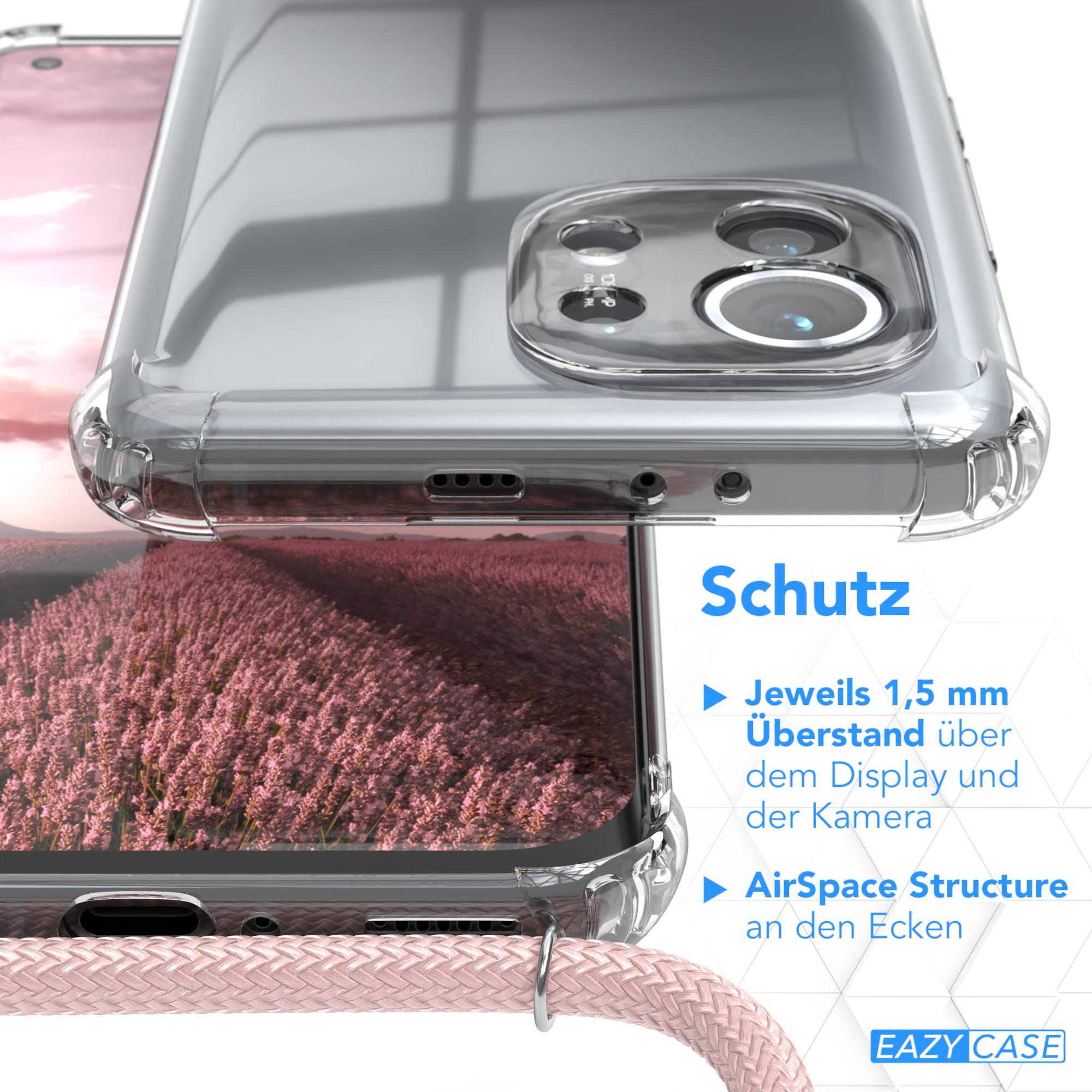 Klare Handyhülle mit rosa Seil. Text zeigt Bildschirm- und Kameraschutz an.