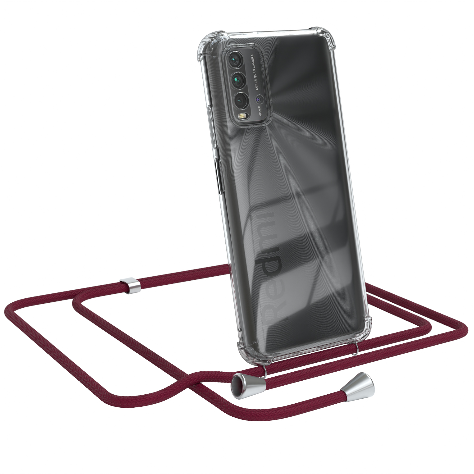 Transparente Handyhülle mit bordeauxfarbenem Band. Das Telefon ist geneigt.