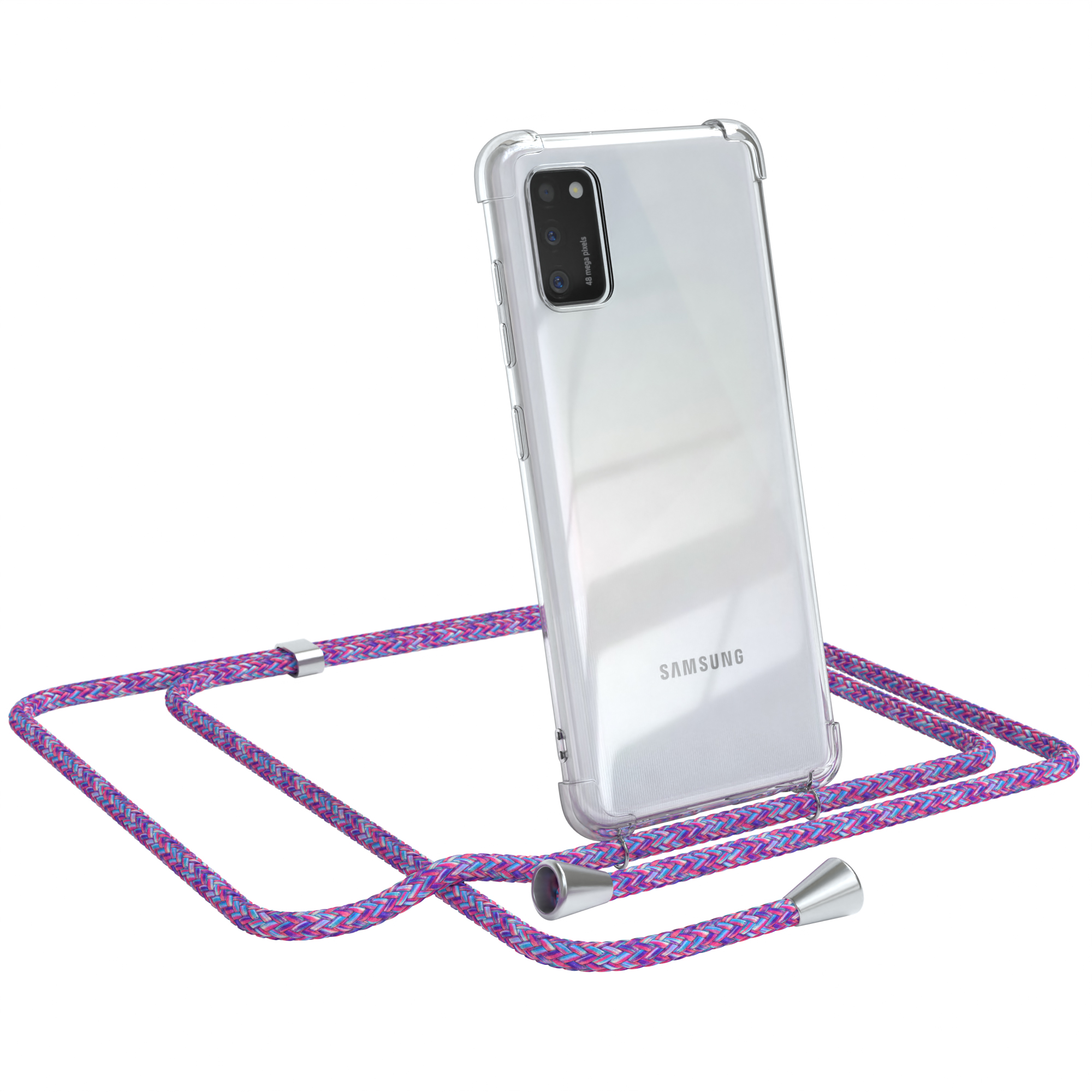 Transparente Handyhülle mit lila, blauem und pinkfarbenem Gurt. Ein Samsung-Handy befindet sich in der Hülle. Weißer Hintergrund.