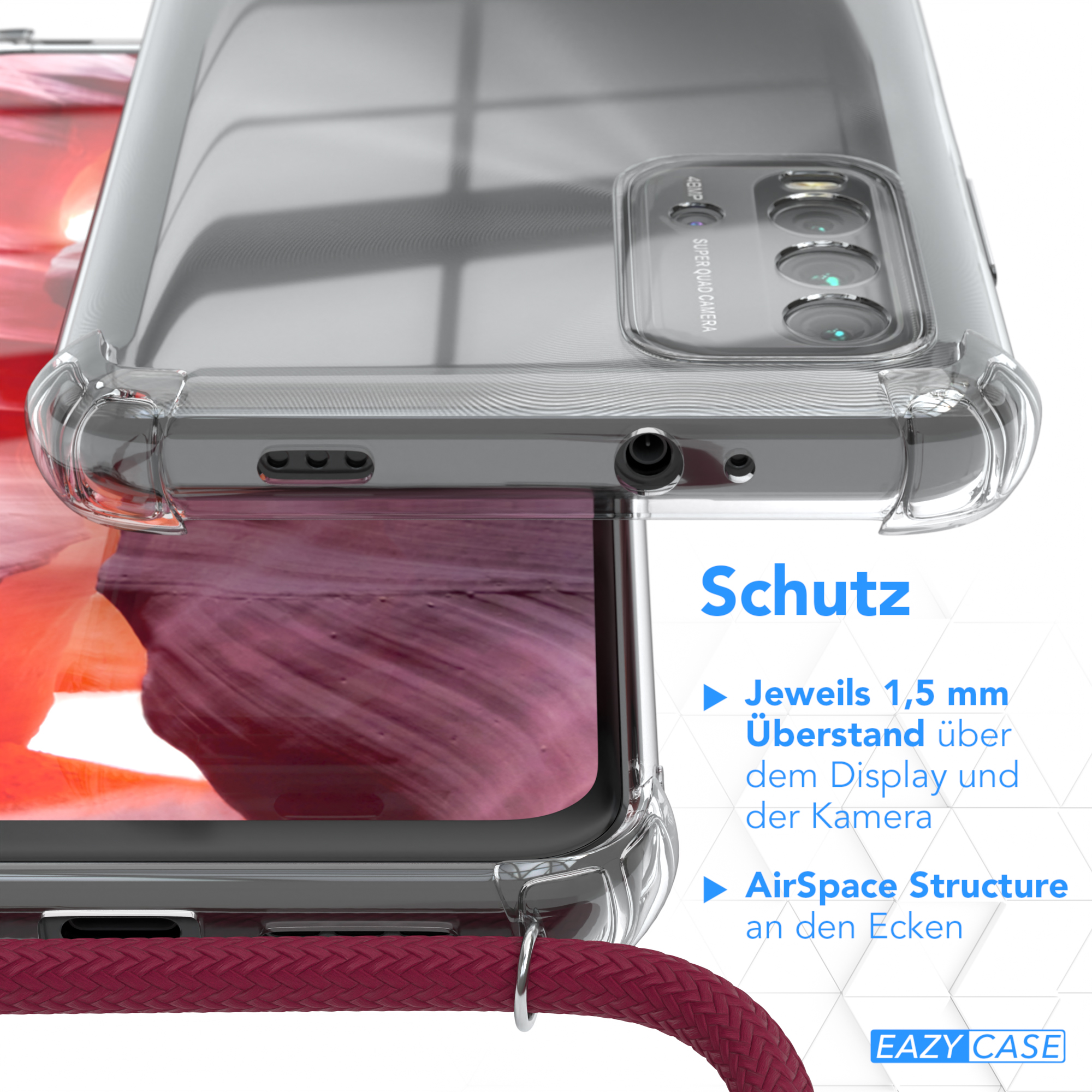 Transparente Handyhülle über einem roten Telefon. Text über die Schutzfunktionen befindet sich auf der rechten Seite.