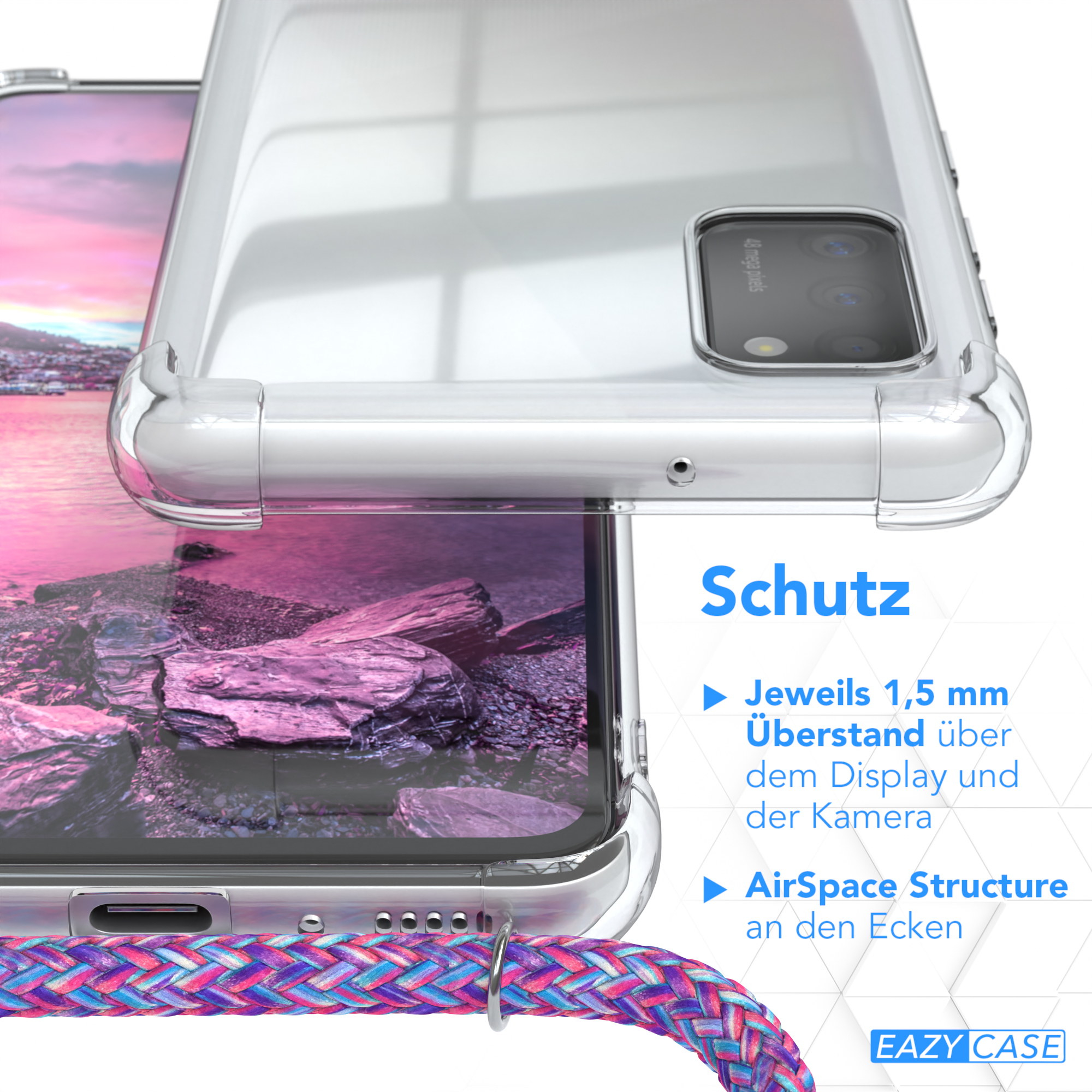 Nahaufnahme einer Handyhülle und Kordel. Text: 'Schutz' mit Details zum Displayschutz und AirSpace Structure.