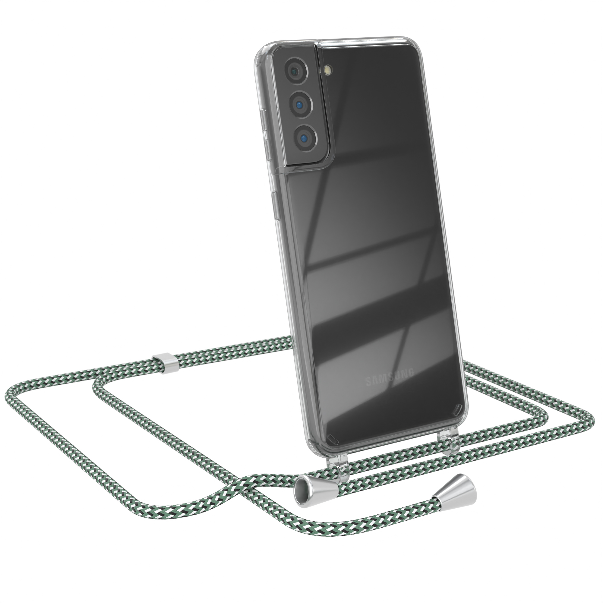 Transparente Handyhülle mit grün-weißem Kordelband. Ein Samsung-Handy ist im Case.