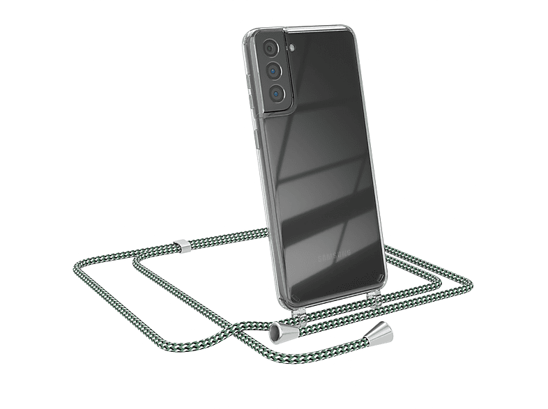 EAZY CASE Clear Cover mit Umhängeband, Umhängetasche, Samsung, Galaxy S21 Plus 5G, Grün Weiß