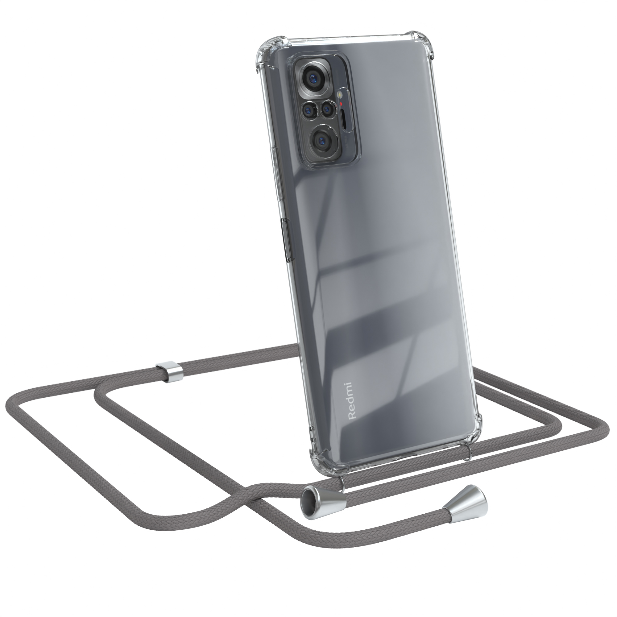 Transparente Handyhülle mit grauem Band, Marke Redmi. Weißer Hintergrund.
