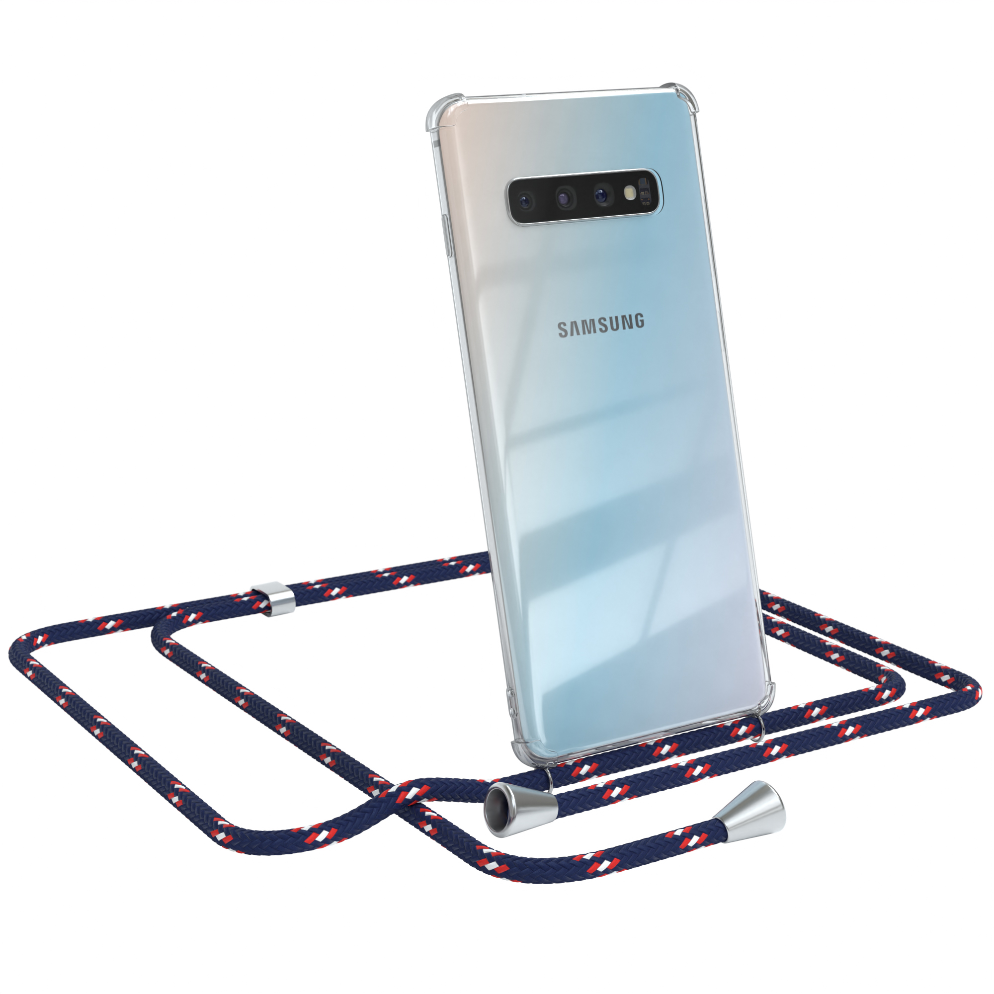mit Samsung, S10 Camouflage / Blau Clips Clear CASE Cover Umhängetasche, EAZY Silber Umhängeband, Galaxy Plus,