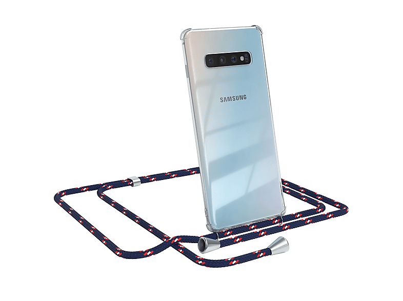 EAZY CASE Clear Cover mit Umhängeband, Umhängetasche, Samsung, Galaxy S10 Plus, Blau Camouflage / Clips Silber