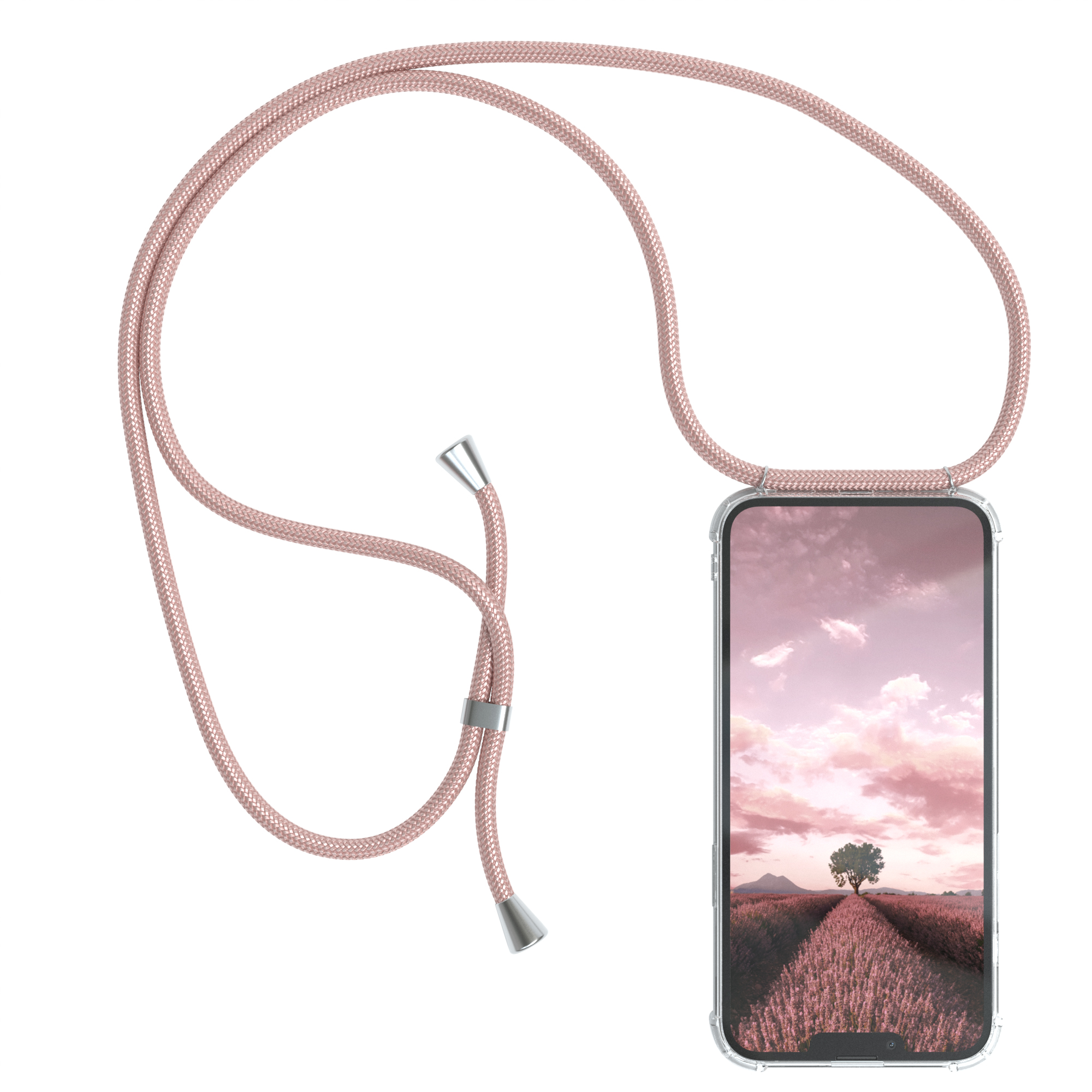 Telefon in klarer Hülle mit rosa Umhängeband. Telefon zeigt Landschaft. Weißer Hintergrund.