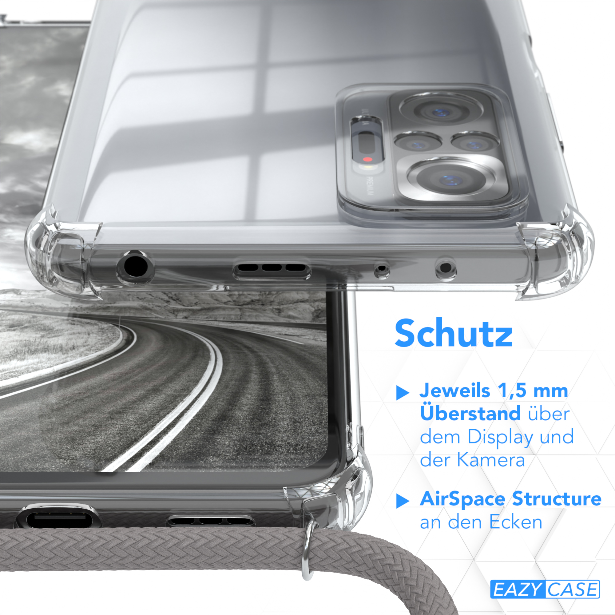 10 Umhängetasche, mit Grau Redmi CASE Clips Silber Xiaomi, Cover Note EAZY / Pro, Clear Umhängeband,