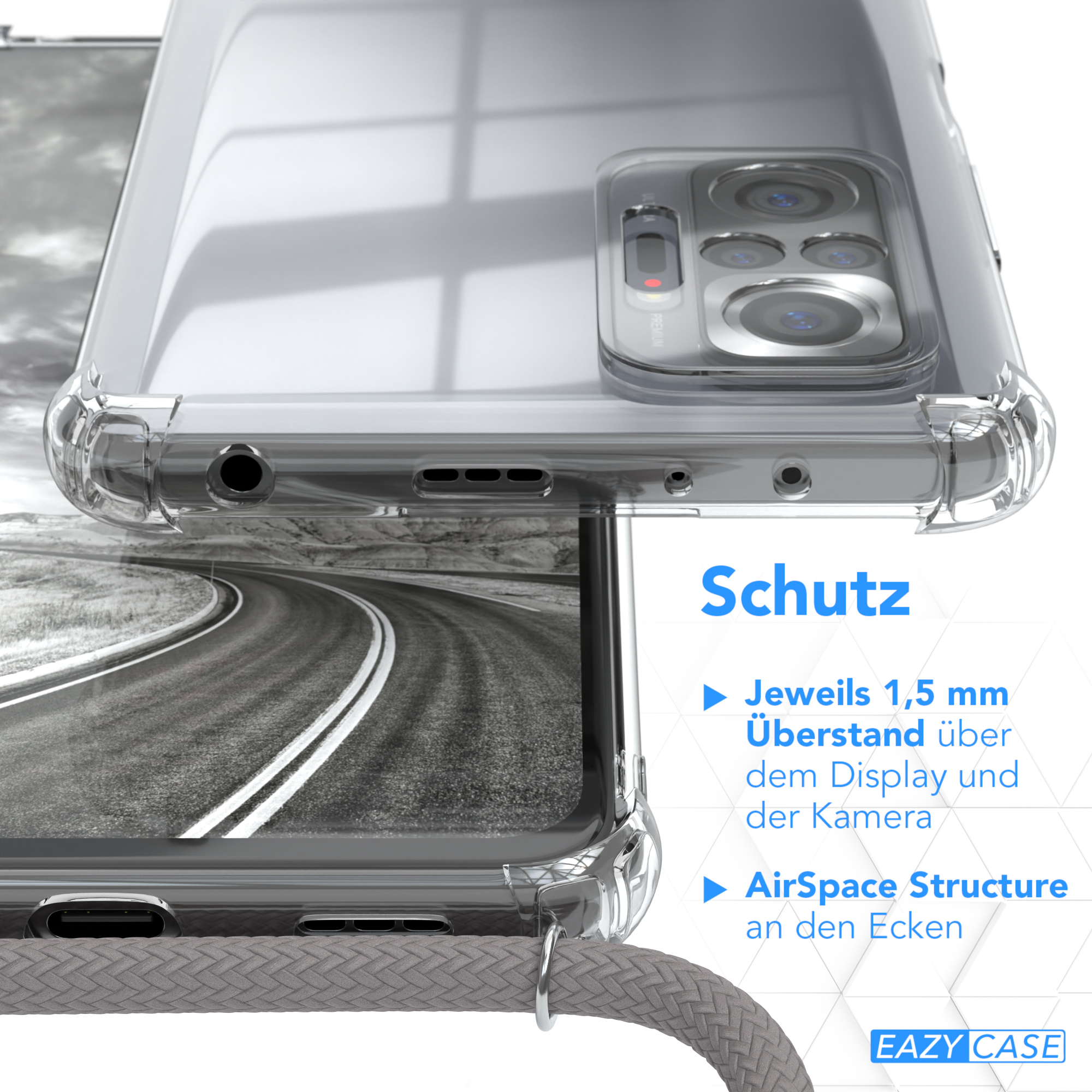 Transparente Handyhülle mit Schutzfunktionen. Telefon befindet sich in der Hülle. Grau-weißes Kabel befestigt.