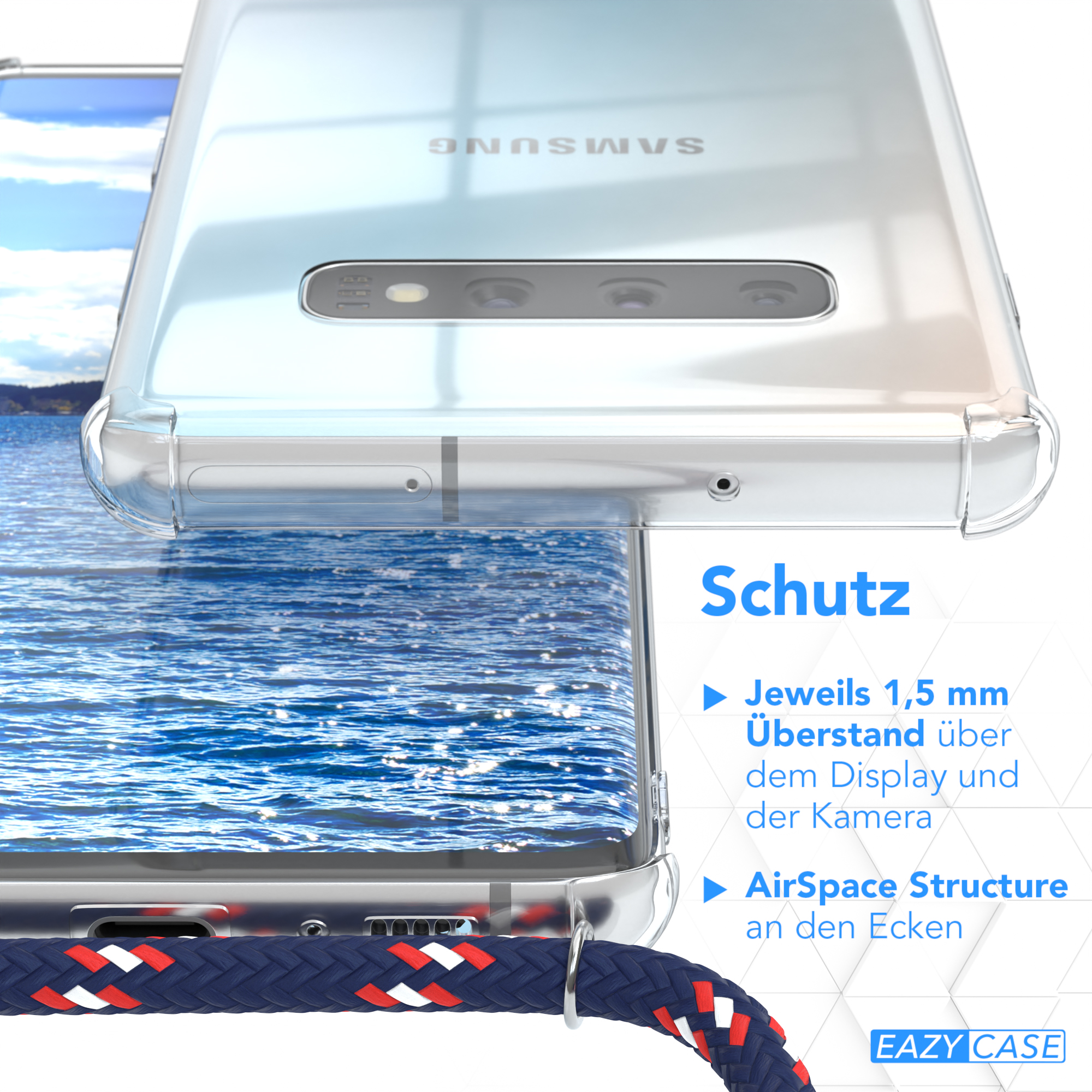 Klare Handyhülle über einem Telefon. Text: Schutz. Merkmale: 1,5 mm Display- & Kameraschutz, AirSpace Structure.