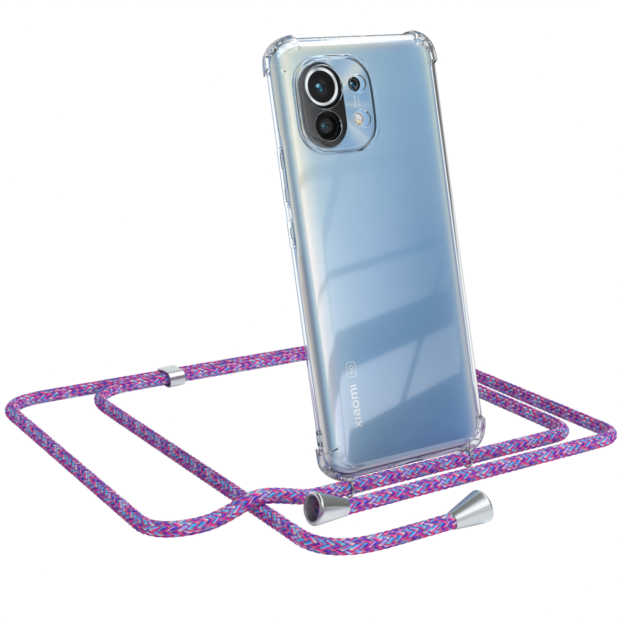 Weißes Telefon in einer durchsichtigen Hülle mit lila Umhängeband. Weißer Hintergrund.