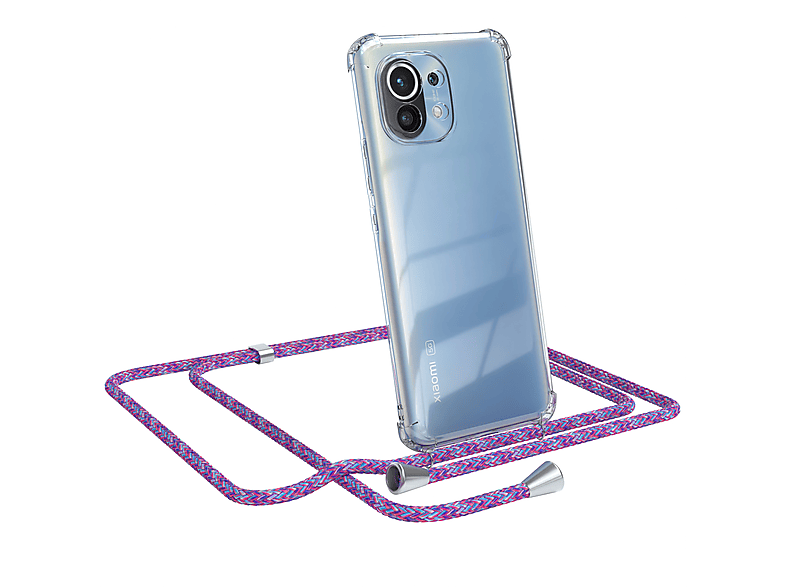 EAZY CASE Clear Cover mit Umhängeband, Umhängetasche, Xiaomi, Mi 11 5G, Lila / Clips Silber