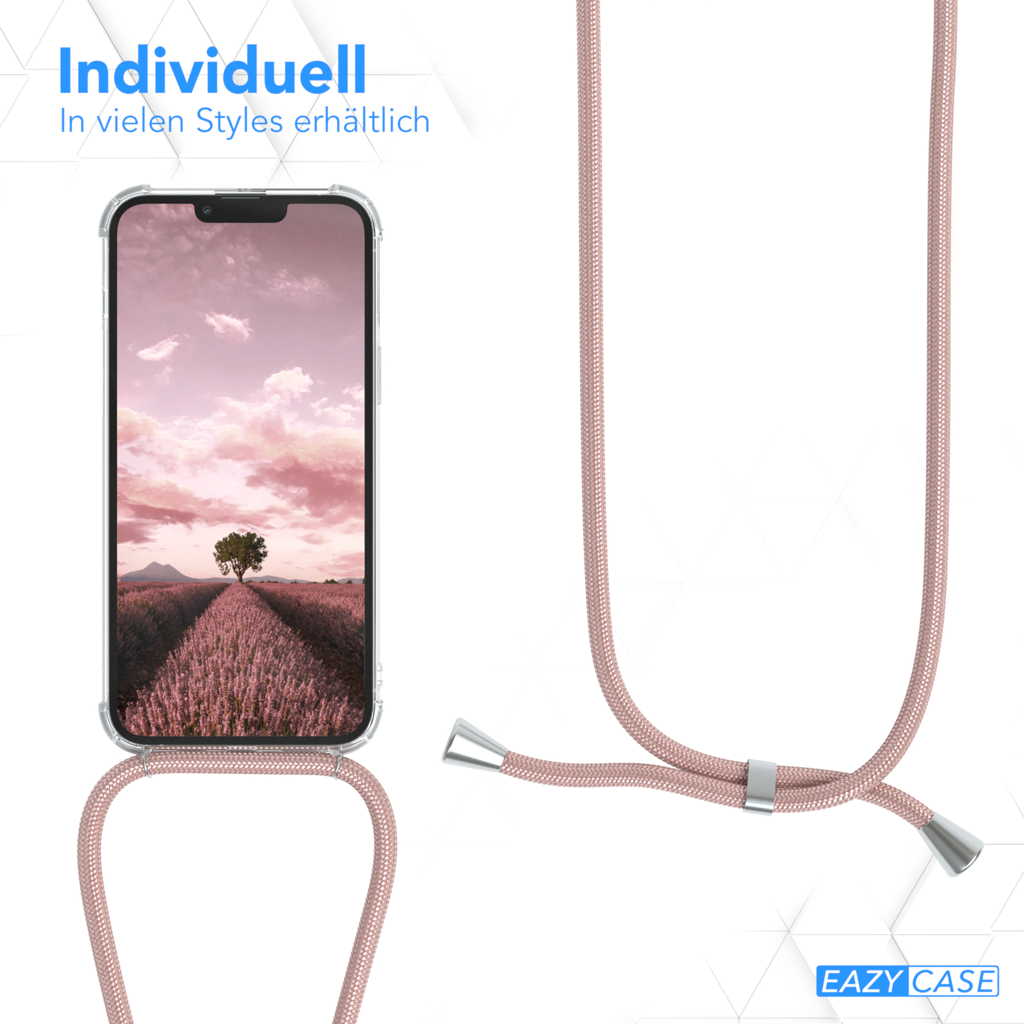 Ein Telefon in einer transparenten Hülle. Text: Individuell. Ein rosa Kabel ist am Telefon befestigt. Baum im Hintergrund.