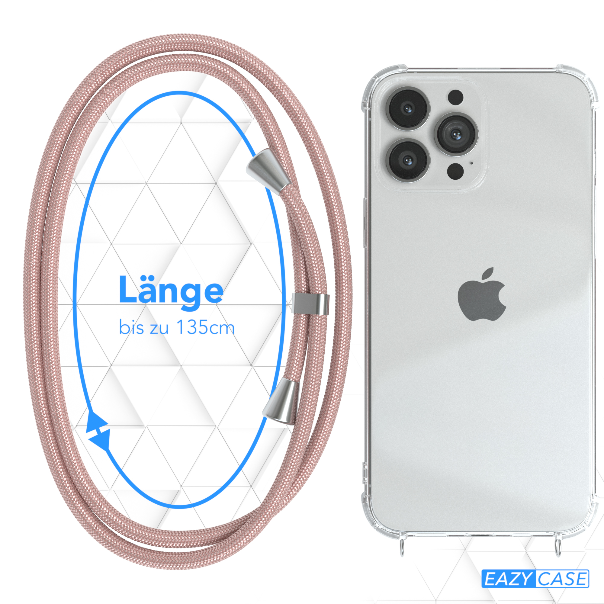Cover Umhängetasche, / Apple, EAZY CASE Silber Pro Clear Rosé Umhängeband, mit Clips Max, iPhone 13