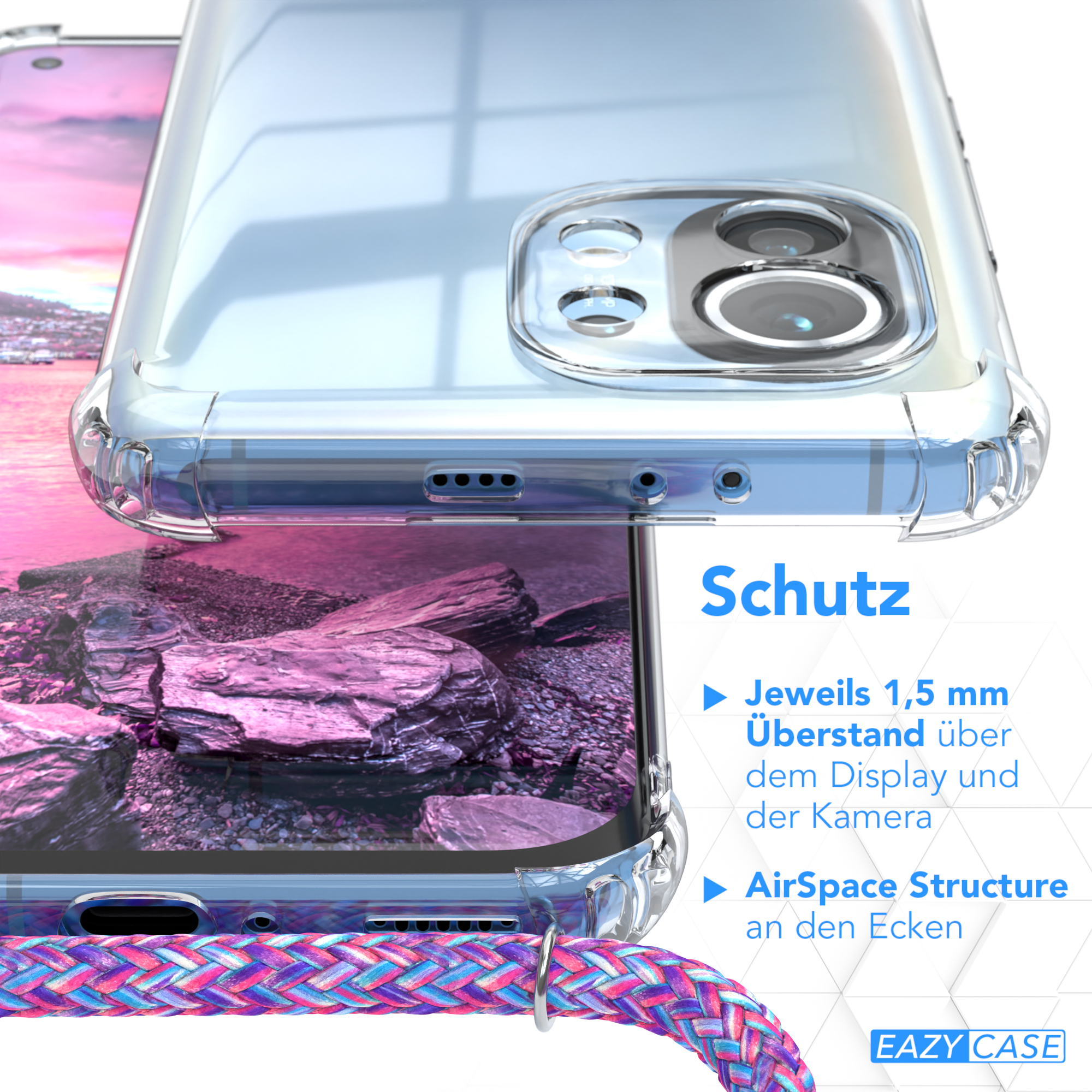 Nahaufnahme einer transparenten Handyhülle mit geflochtenem Kabel. Text über Display- und Kameraschutz. Eazy Case Logo.