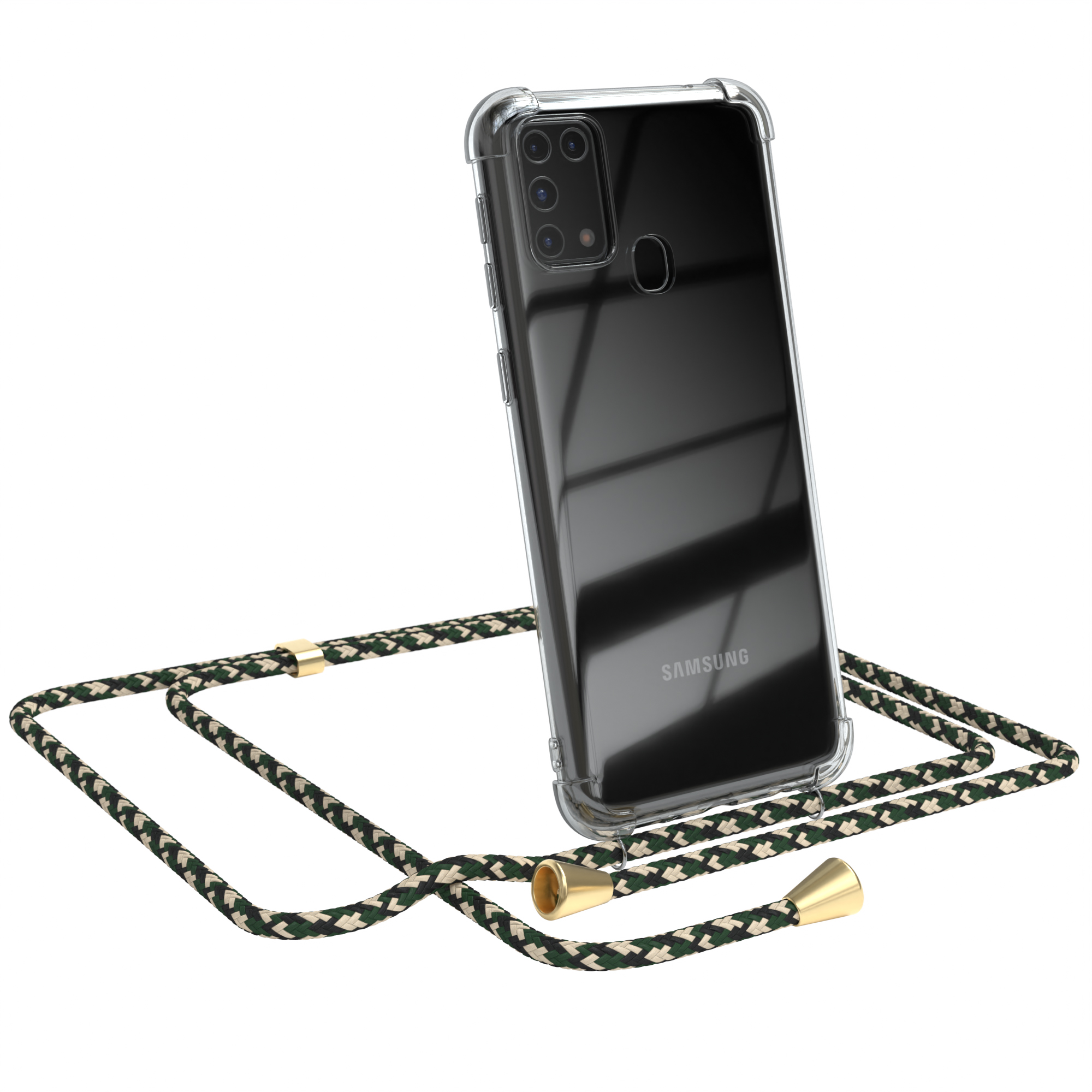 Transparente Handyhülle mit grün-schwarzem Schlüsselband. Telefon angewinkelt. Weißer Hintergrund.