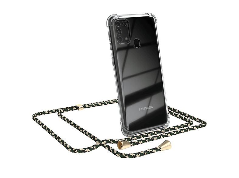 EAZY CASE Clear Cover mit Umhängeband, Umhängetasche, Samsung, Galaxy M31, Grün Camouflage / Clips Gold
