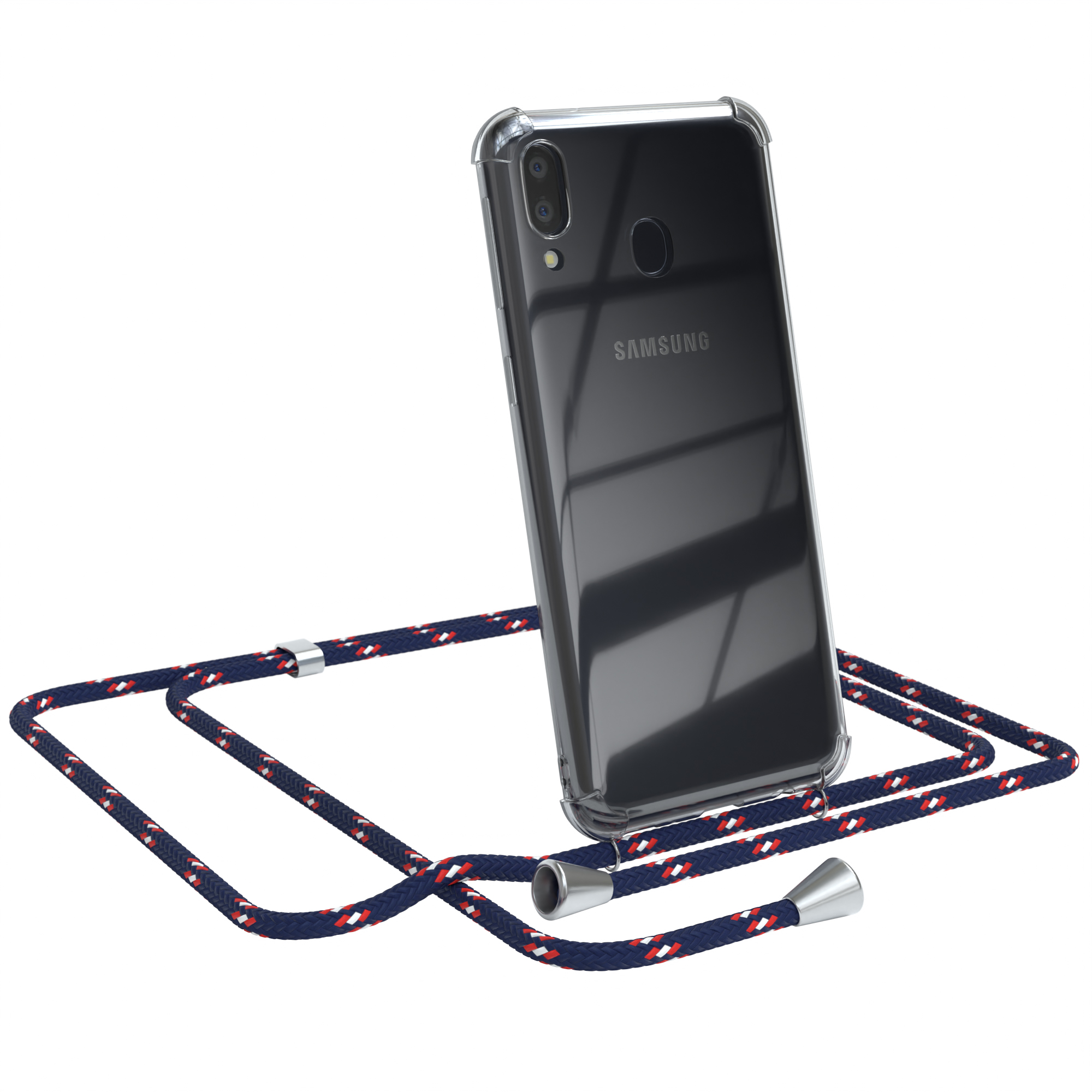 Klare Handyhülle mit blauem Kabel. Telefon ist abgewinkelt. Weißer Hintergrund.