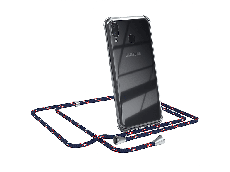 EAZY CASE Clear Cover mit Umhängeband, Umhängetasche, Samsung, Galaxy M20, Blau Camouflage / Clips Silber