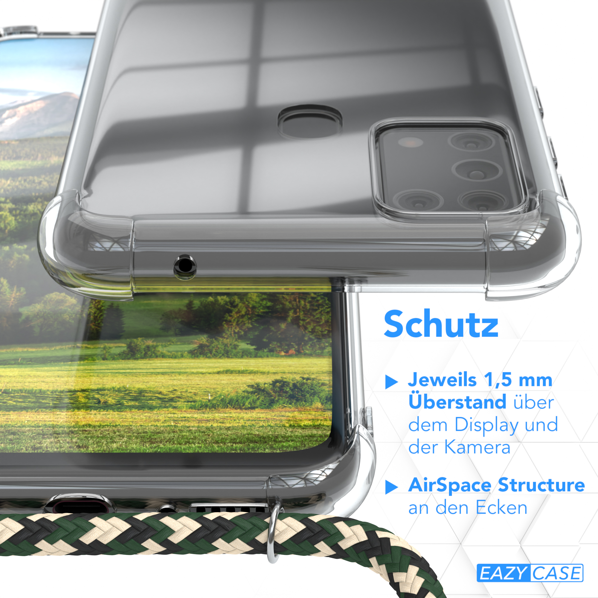 Nahaufnahme einer Handyhülle mit Lanyard, die die Schutzfunktionen der Hülle zeigt.