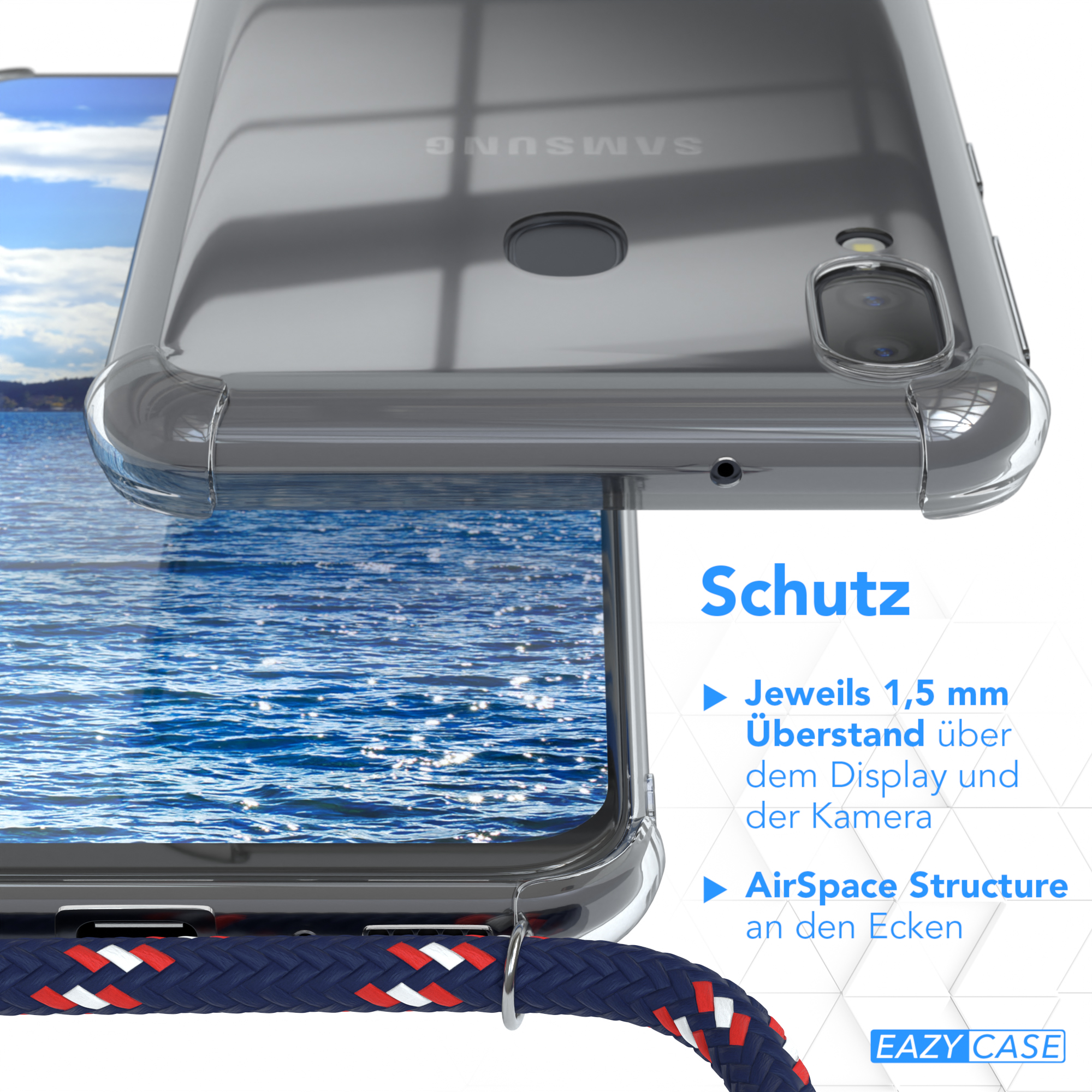 Eine Handyhülle mit Riemen wird vor einem Wasserhintergrund und Text gezeigt.