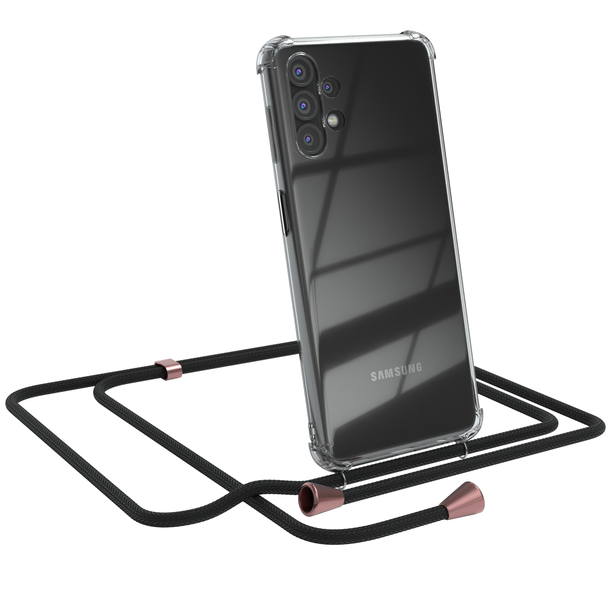Transparente Handyhülle mit schwarzem Band. Samsung-Logo sichtbar. Weißer Hintergrund.