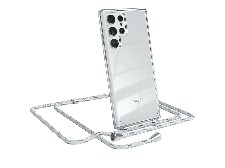 EAZY CASE Clear Cover mit Umhängeband, Umhängetasche, Samsung, Galaxy S22 Ultra 5G, Weiß / Clips Silber