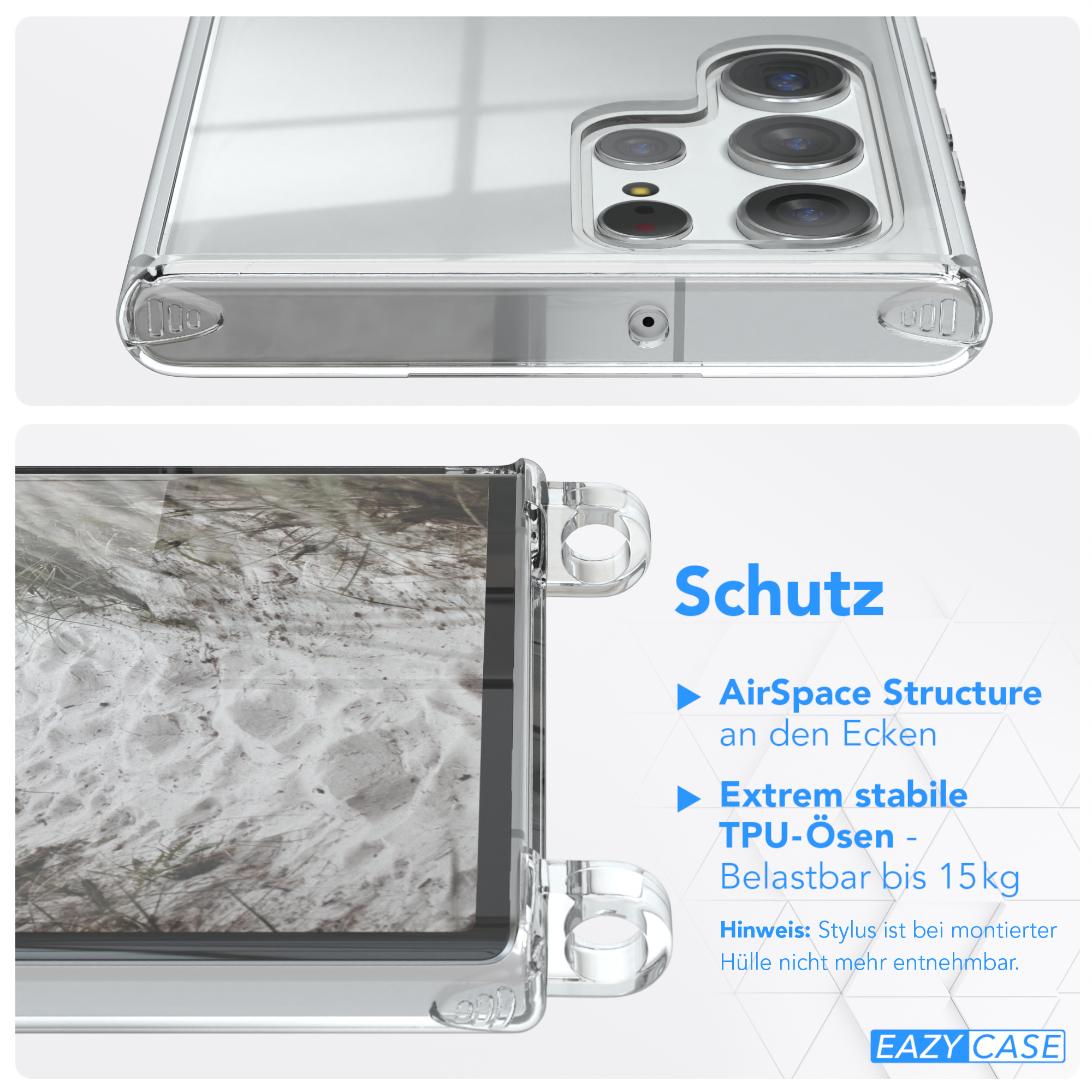 Klare Handyhülle mit transparentem Design. Die Hülle zeigt den Bildschirm des Telefons. Text über Schutz ist vorhanden.