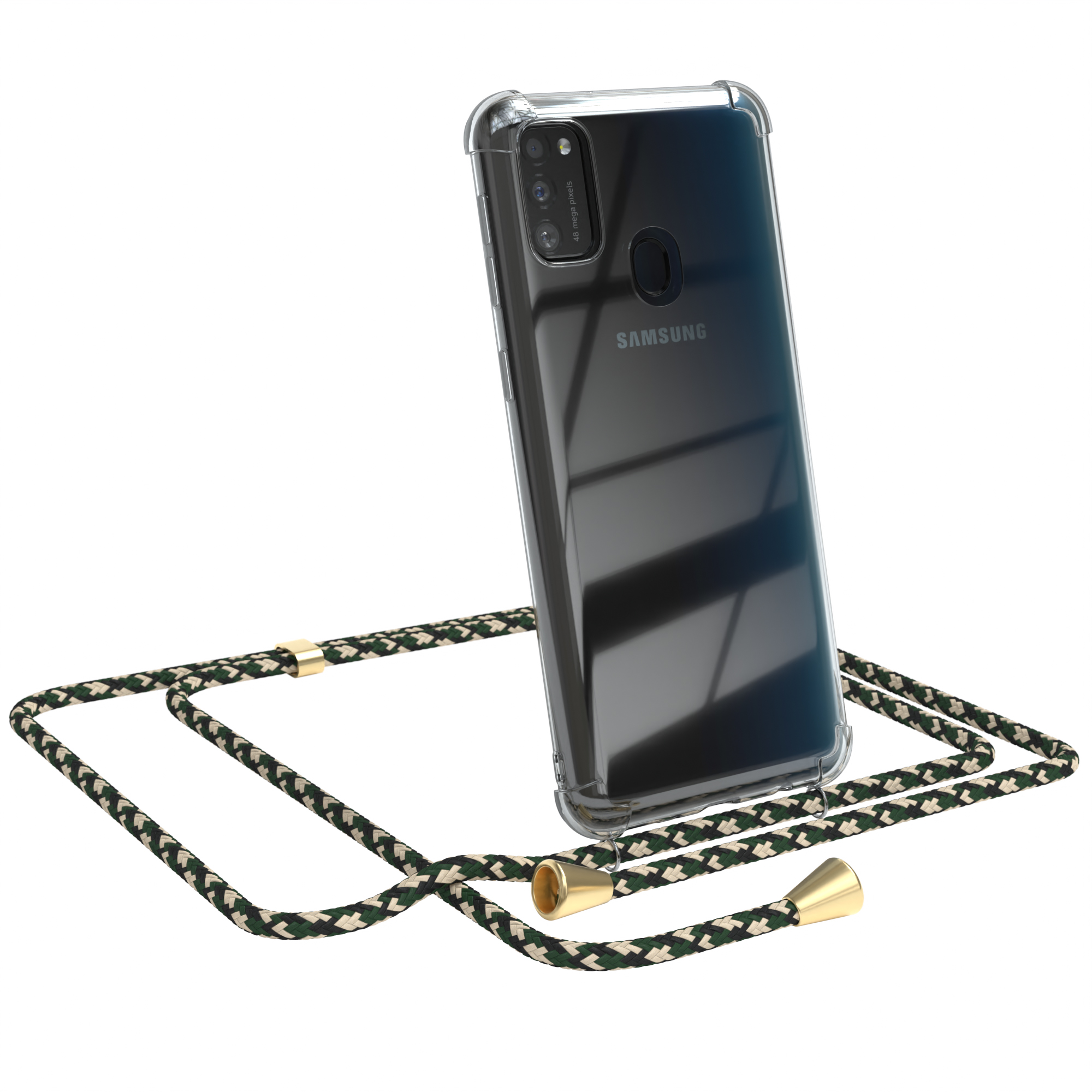 Transparente Hülle mit Camouflage-Band. Samsung-Handy sichtbar. Weißer Hintergrund.