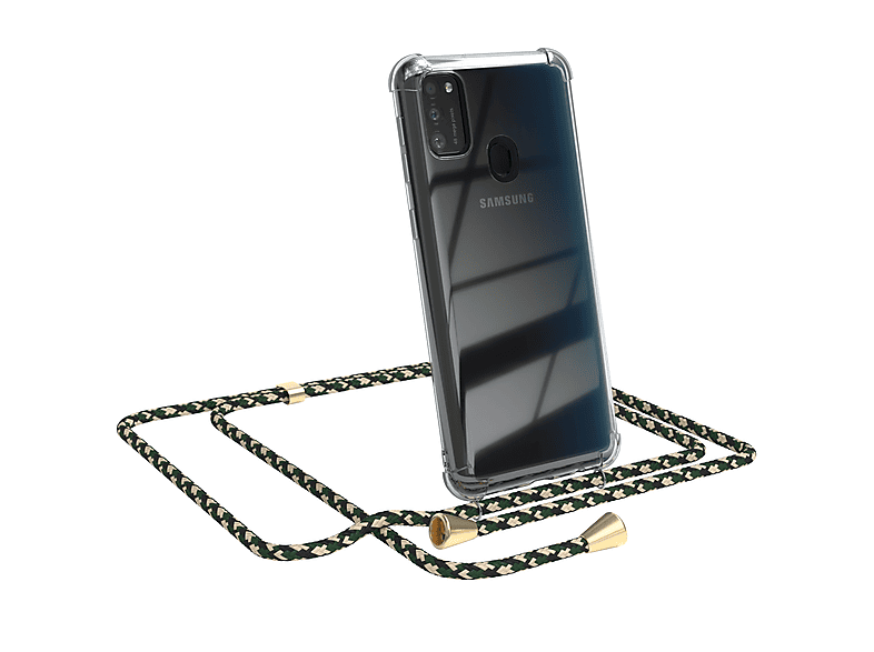 EAZY CASE Clear Cover mit Umhängeband, Umhängetasche, Samsung, Galaxy M30s / M21, Grün Camouflage / Clips Gold
