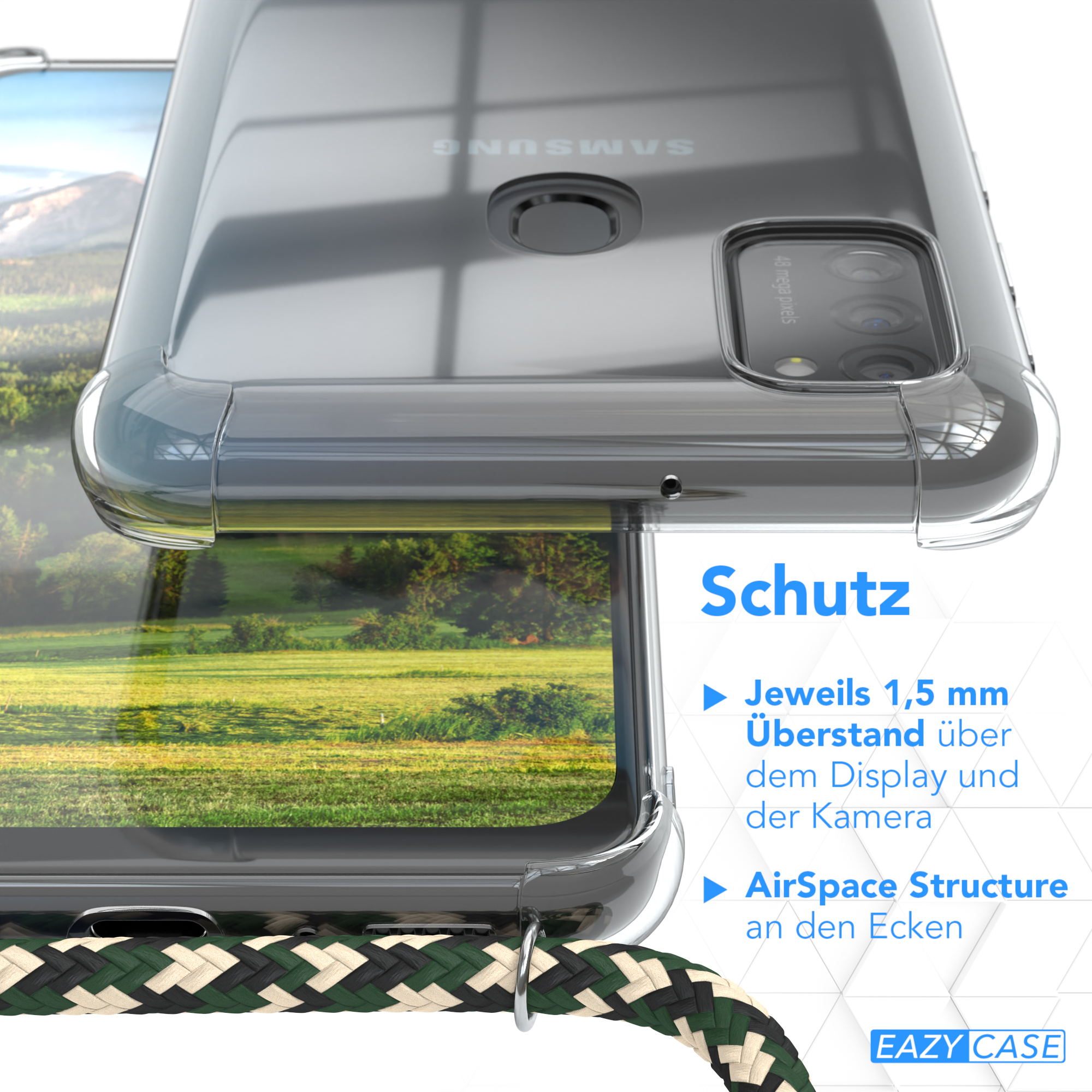 Nahaufnahme zeigt eine Handyhülle mit Telefon. Text hebt Gehäusemerkmale hervor.