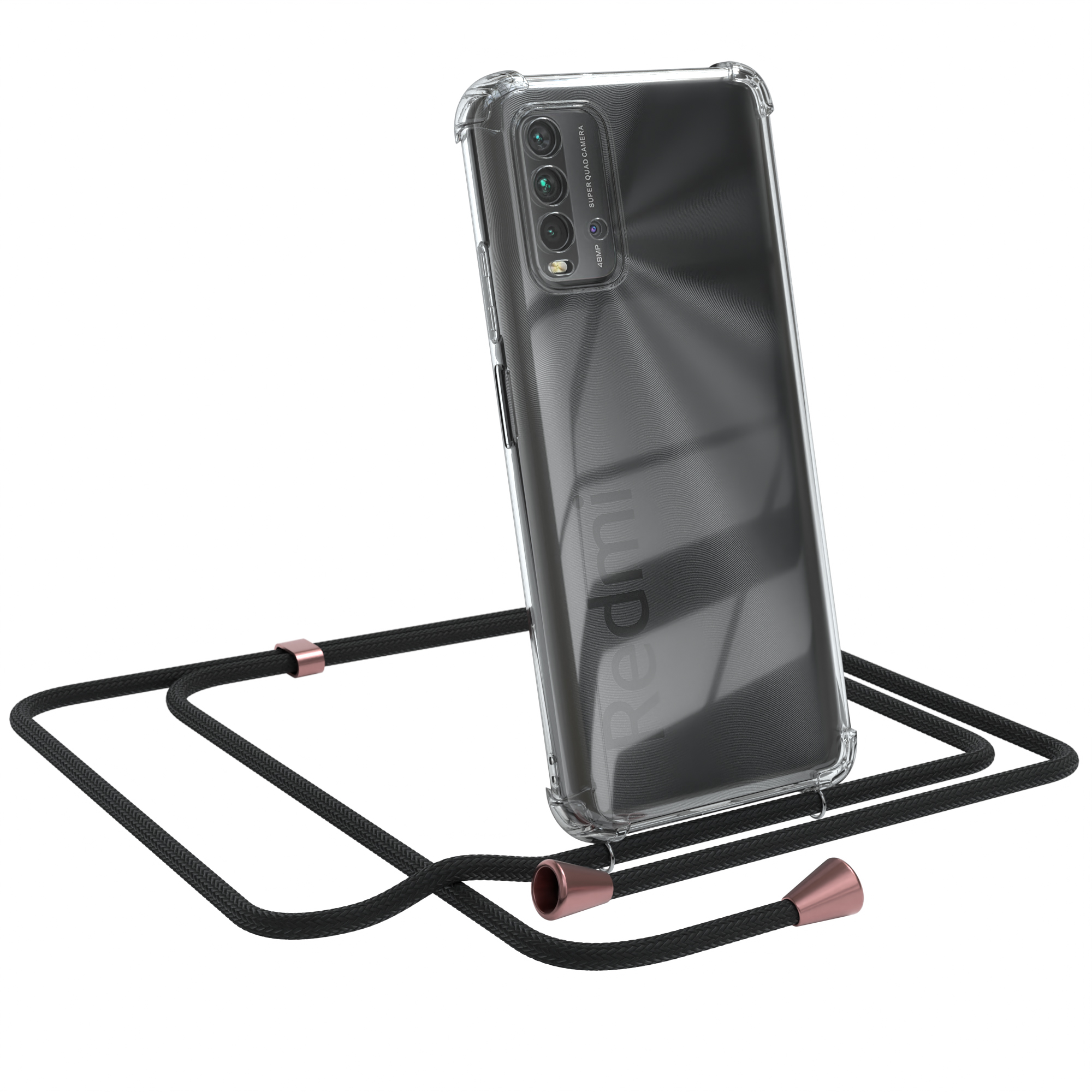 Telefon in klarer Hülle mit schwarzem Seil. Das Telefon ist von Redmi. Der Hintergrund ist weiß.